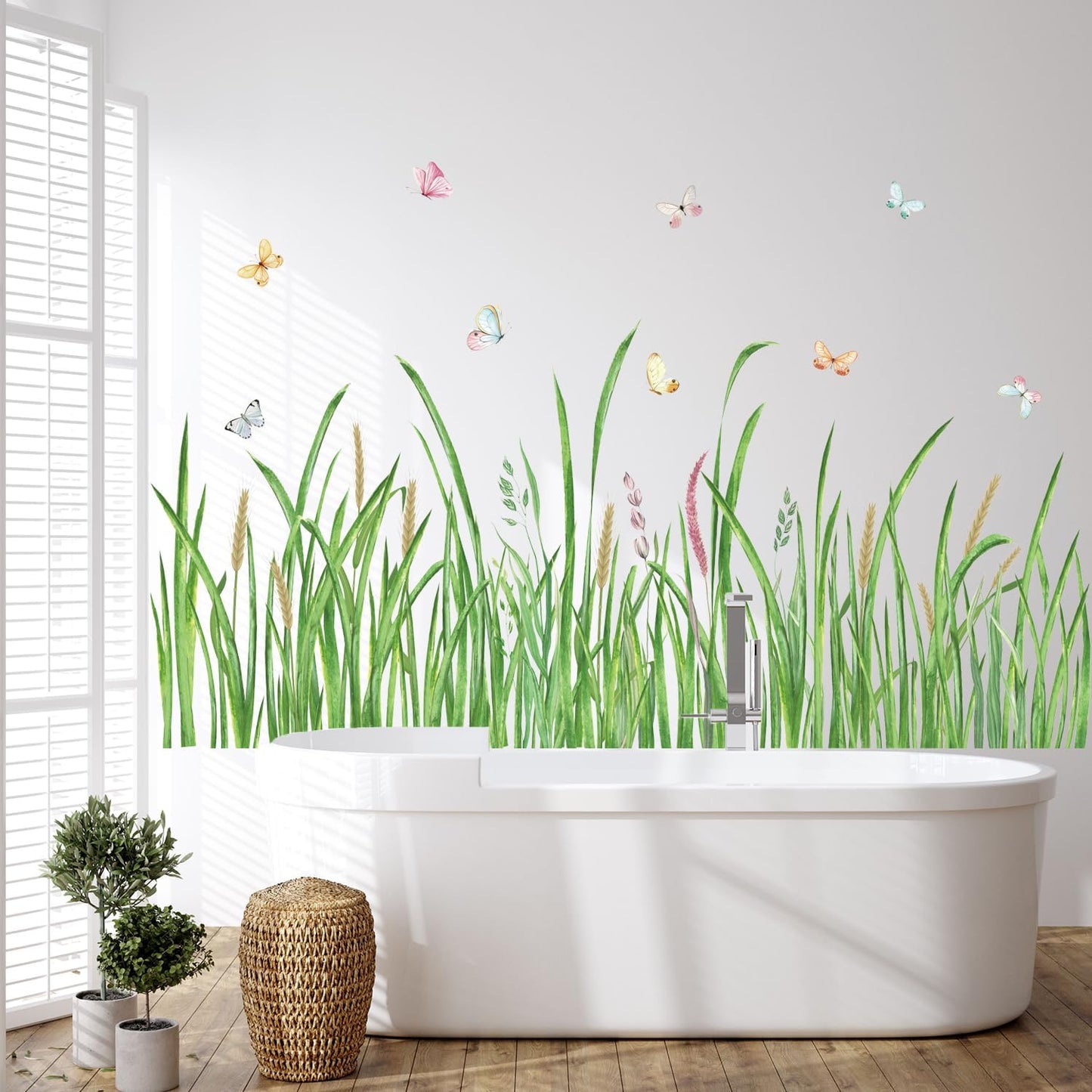 Grass Wall Corner Sticker Peel and Stick Flower Butterfly Wall Decal Plant Baseboard / Green