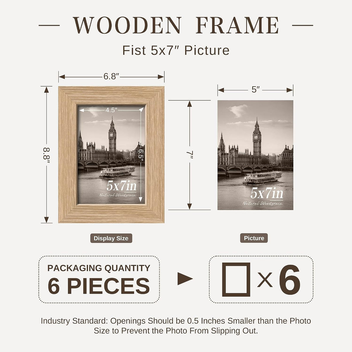 VCK 5x7 Picture Frame Set of 6, Elegant Oak Wood Portrait Frame | 1.1in Wide Border, Tabletop/Wall Hanging, HD