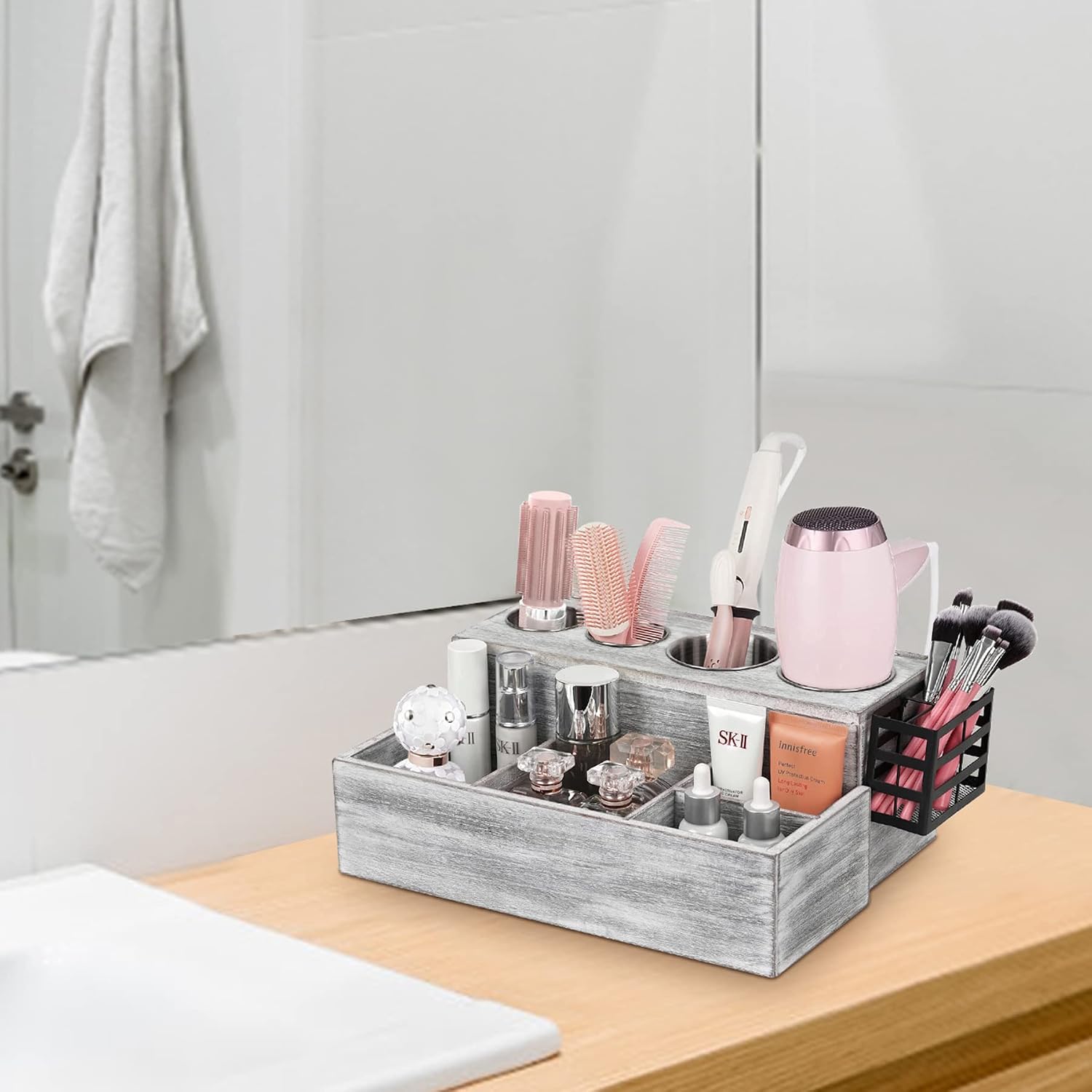 Hair Tool Organizer, Wooden Hair Dryer Holder and Bathroom Countertop Blow Dryer Holder, Vanity Caddy Storage Stand for