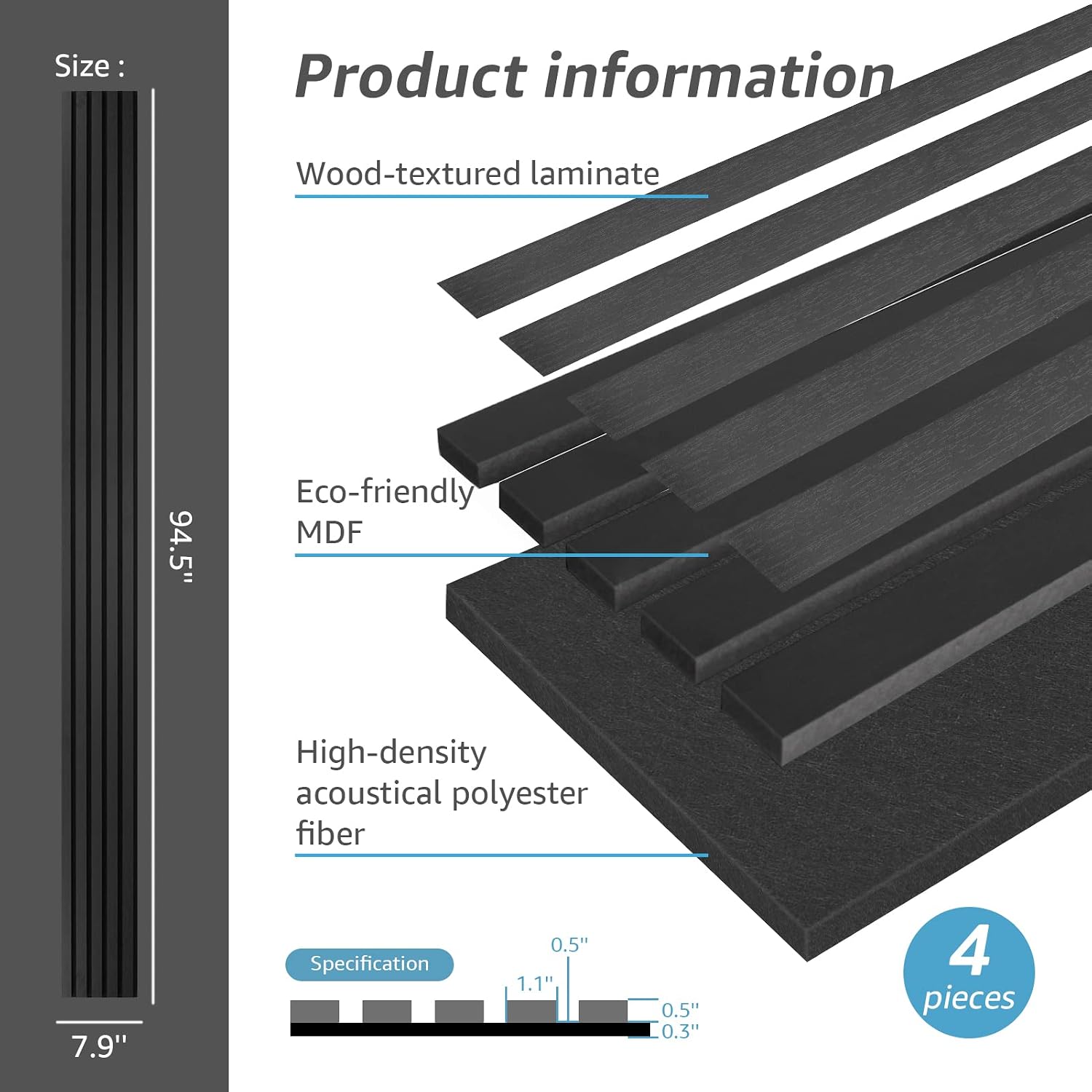 4-Piece Wood Slat Acoustic Panels for Stylish Decor / 94.5 * 7.9 Inch / Matte Black / Set of 4