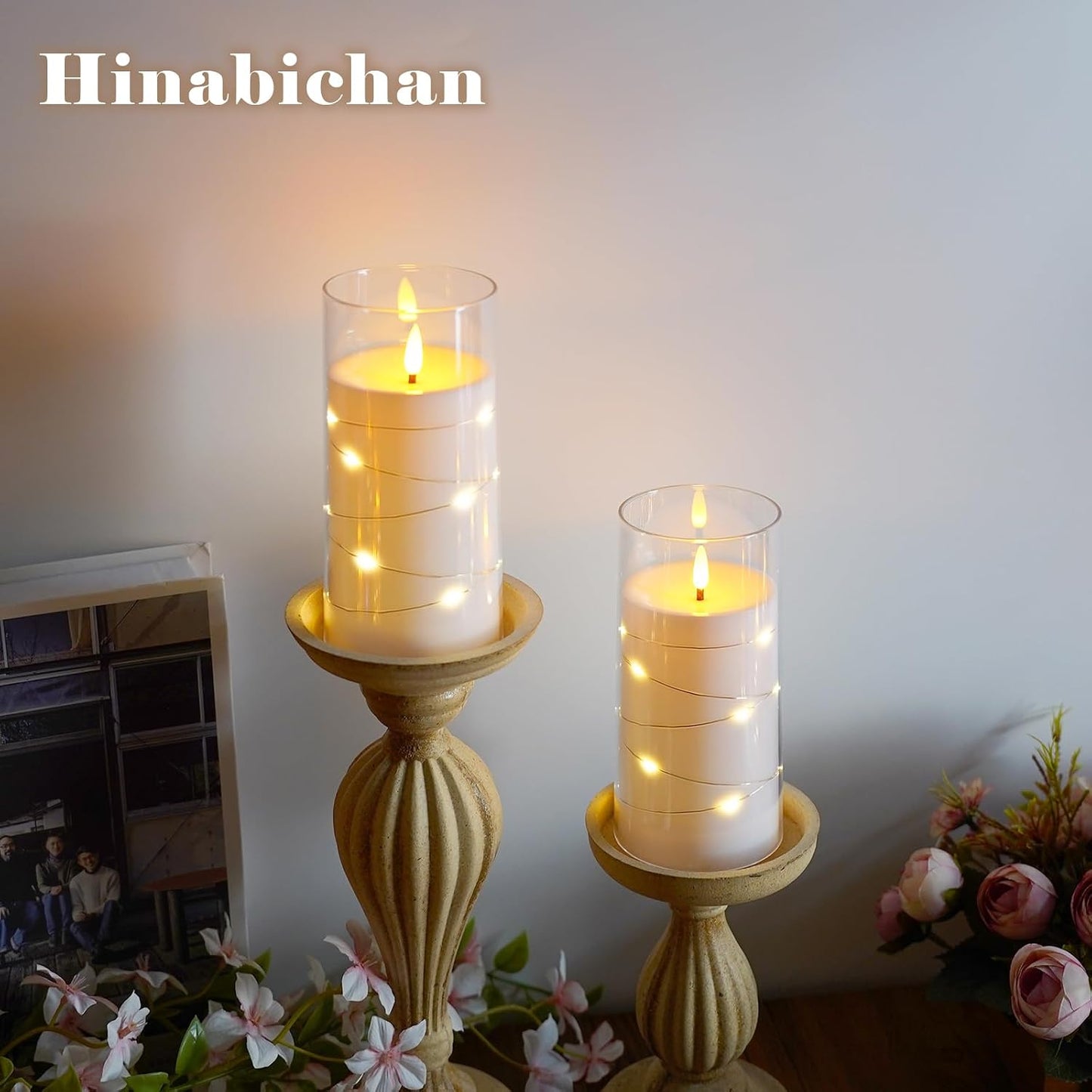 Flickering Flameless Candles with Remote Timer, 6pcs LED Battery Operated Candles with Embedded String Lights White, D3