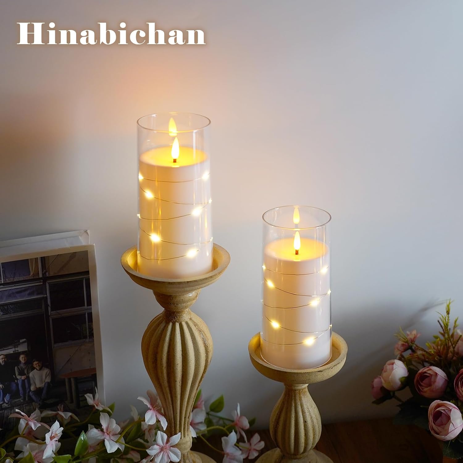 Flickering Flameless Candles with Remote Timer, 6pcs LED Battery Operated Candles with Embedded String Lights White, D3