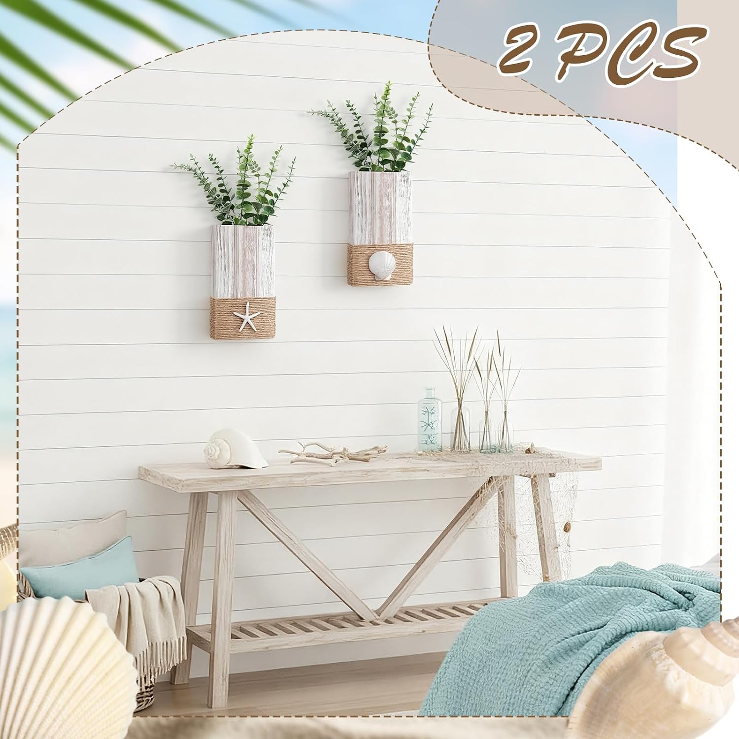 Beach Rustic Wood Wall Planter Vase Beach Room Decor Nautical Coastal / Seashell / White / Set of 2