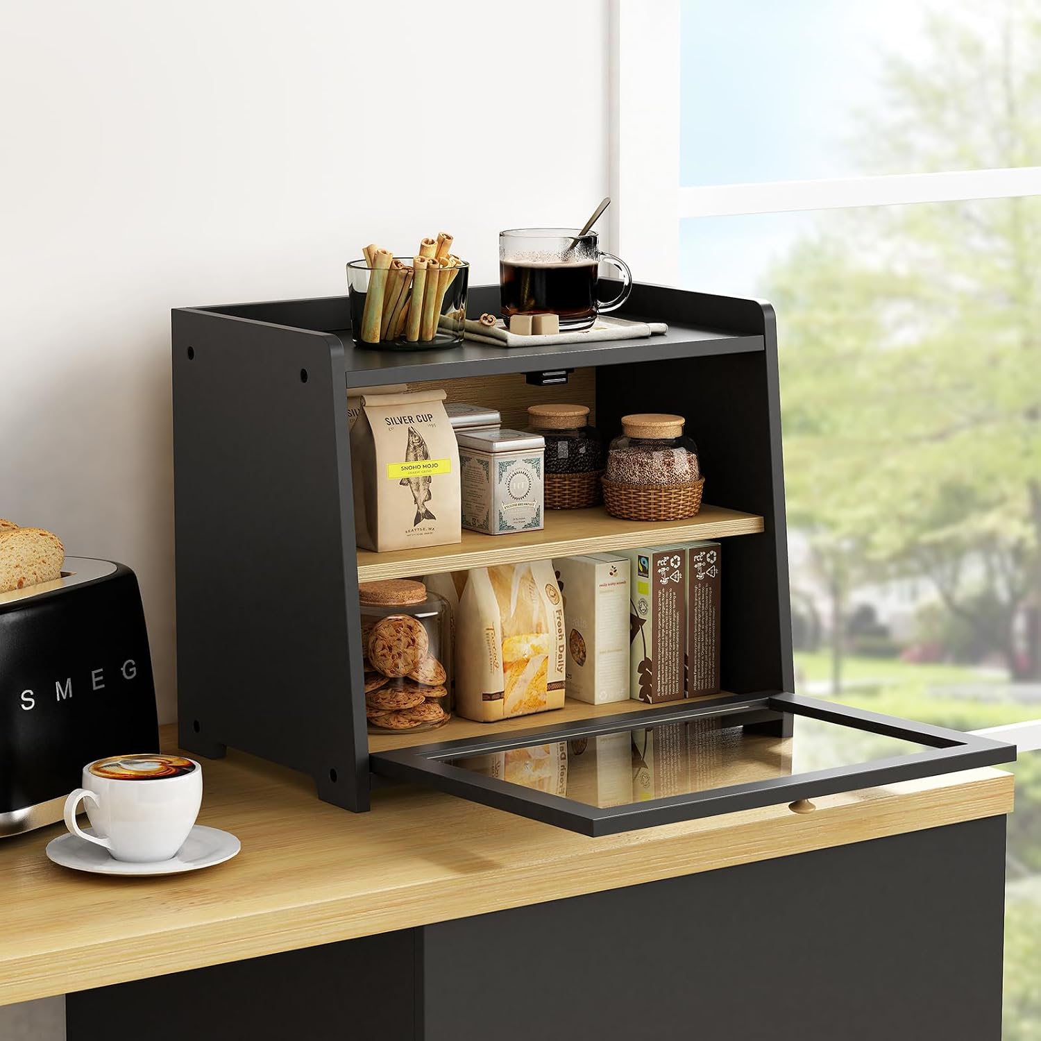 Goozii 2 Tier Bread Box for Kitchen Countertop Black, Double Layer Breadbox for Counter Top, Large Wood Vintage Bread