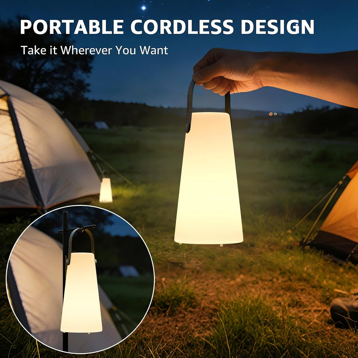 2 Pack Outdoor Lamps, Rechargeable Outdoor Lanterns Table Lamp with IP44 Waterproof, Battery Operated Portable Hanging