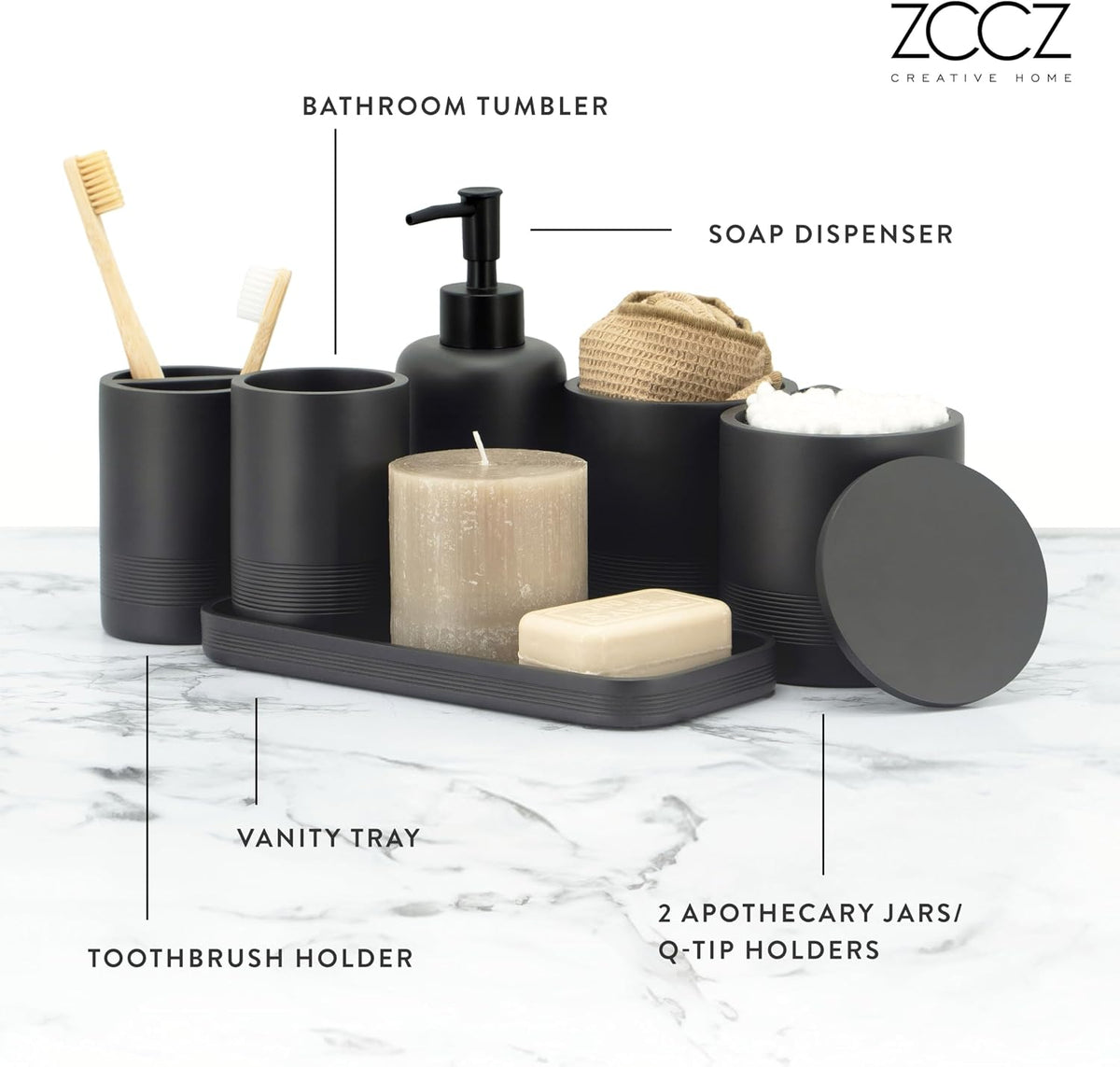 Black Matte Bathroom Accessories Set 6 Pieces - Toothbrush Holder, Lotion Dispenser, Qtip Container, Vanity Tray