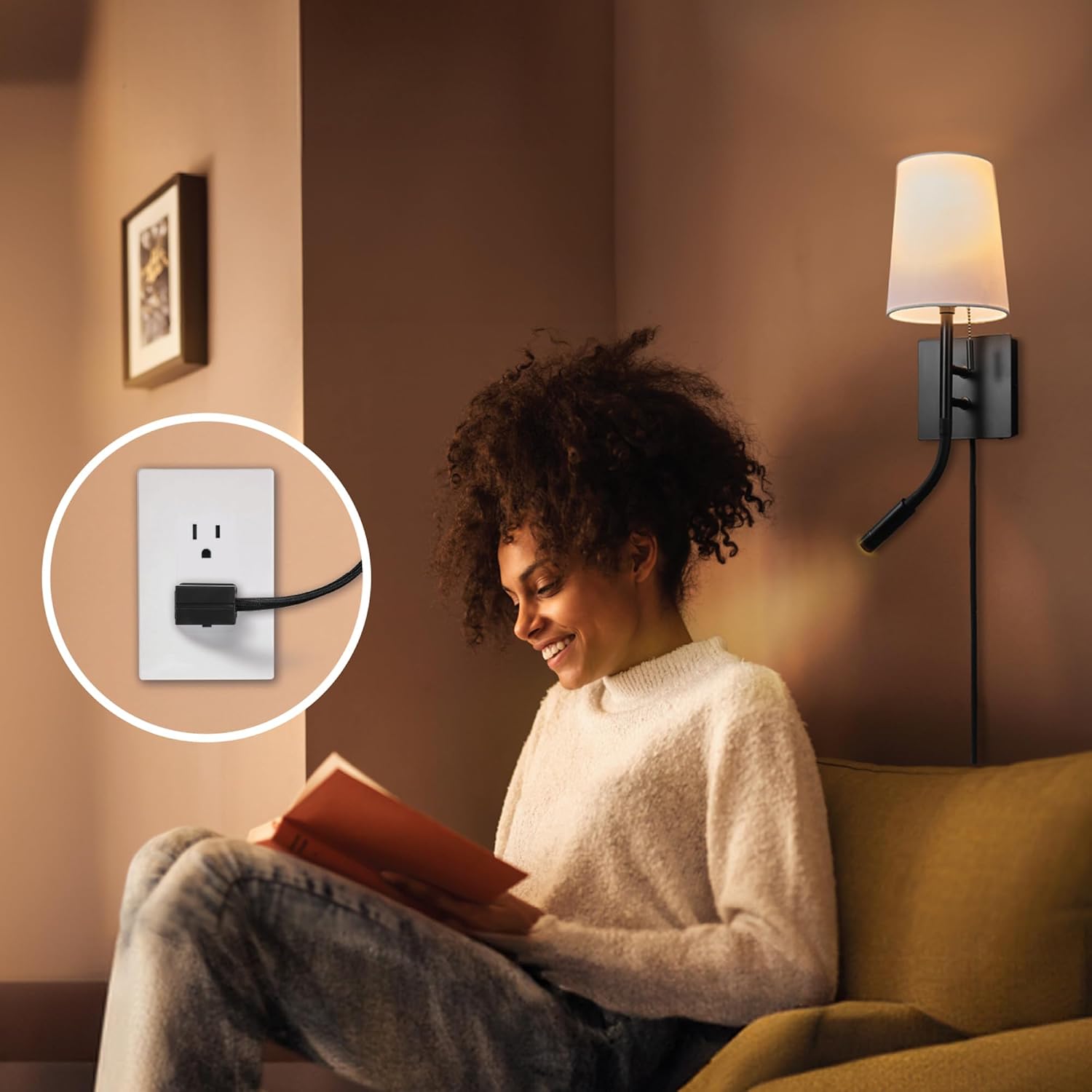 Globe Electric 1-Light Plug-in or Hardwired Wall Sconce with LED Integrated Reading Light, USB-A Port, USB-C Port