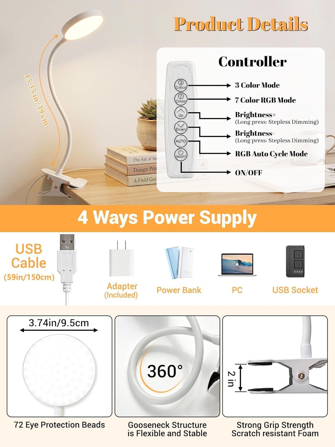 Clip on Light,10 Colors RGB Desk Lamp with Clamp,10 Dimmable Reading Lamp | 500 Lumen Eye-Caring Clip on Lamp,360°