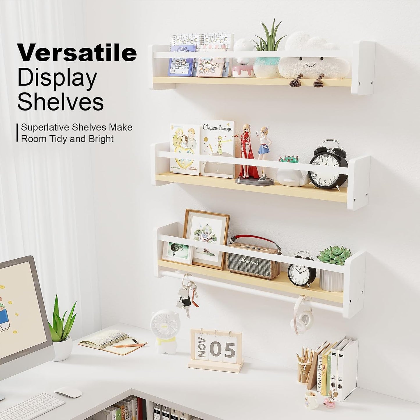 Pine Wood Nursery Shelves / White & Wooden / 16 In