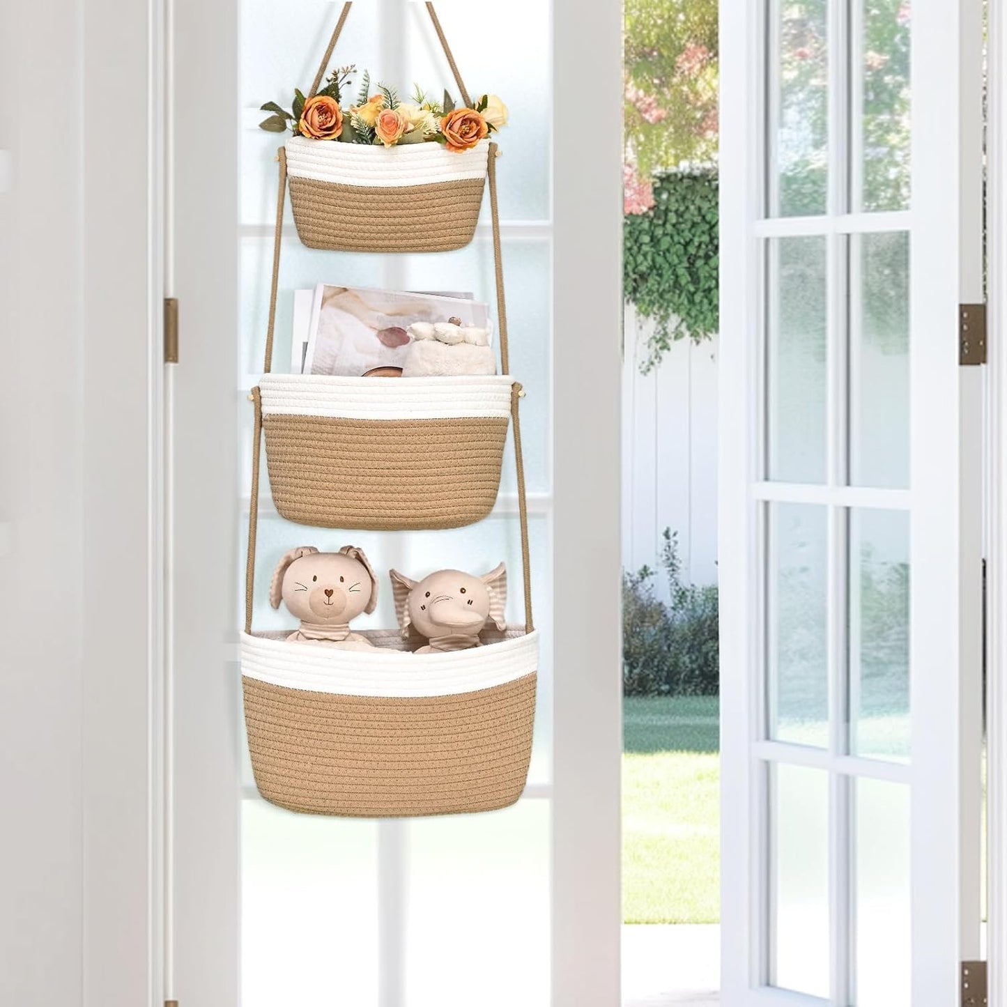 3-Tier Woven Wall Basket / Classic / Jute & White