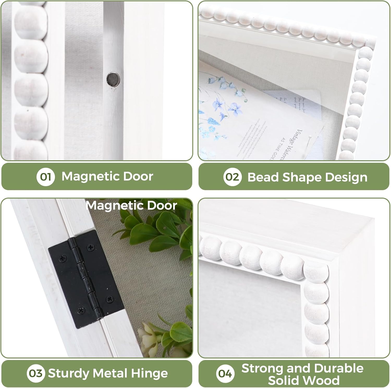 Muzilife 16x20 Shadow Box Pine Wood with Unique Bead Door, 3.18 Deep, White | FSC- Solid Pine | Tempered Glass