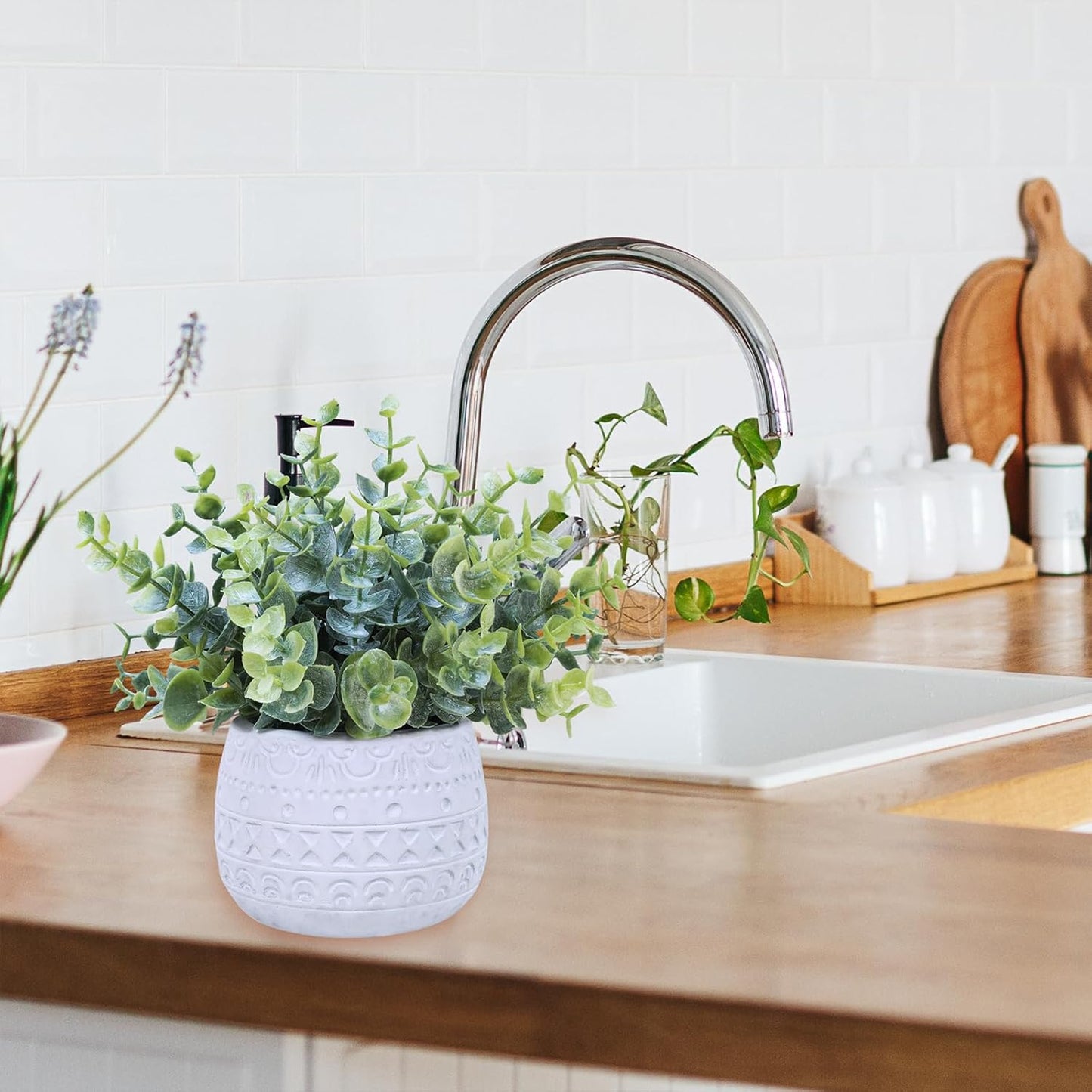 Small Artificial Potted Plants Faux Eucalyptus Plant in White Geometric / White Pot / Set of 2