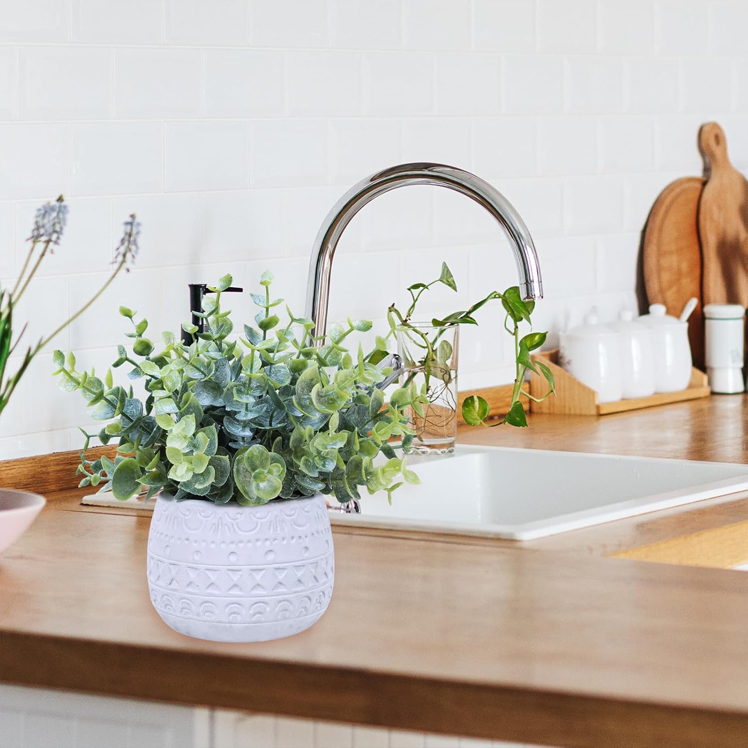 Small Artificial Potted Plants Faux Eucalyptus Plant in White Geometric / White Pot / Set of 2