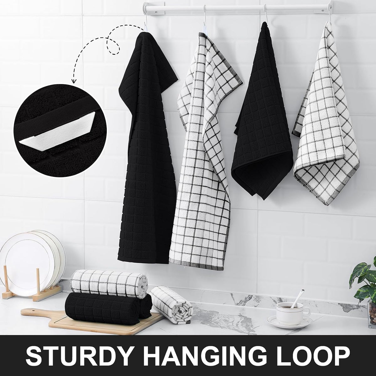 Homaxy Large Premium Cotton Kitchen Towels 16"x 28", 12 Pack, Black | Natural Ring Spun 390 GSM Dish Towels, Super