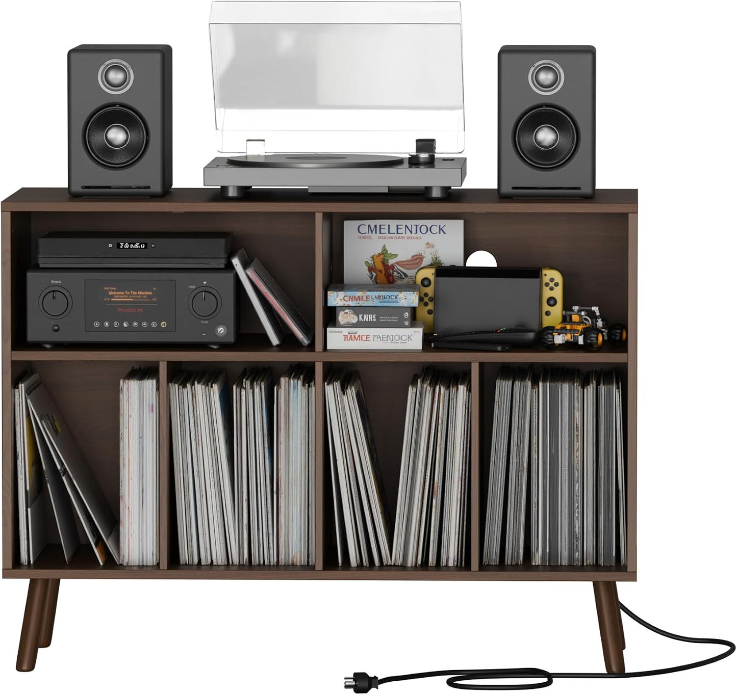 Record Player Stand with Vinyl Storage Cabinet, Wood Turntable Table Open Shelf Holder Up to 350 Albums Cube Storage
