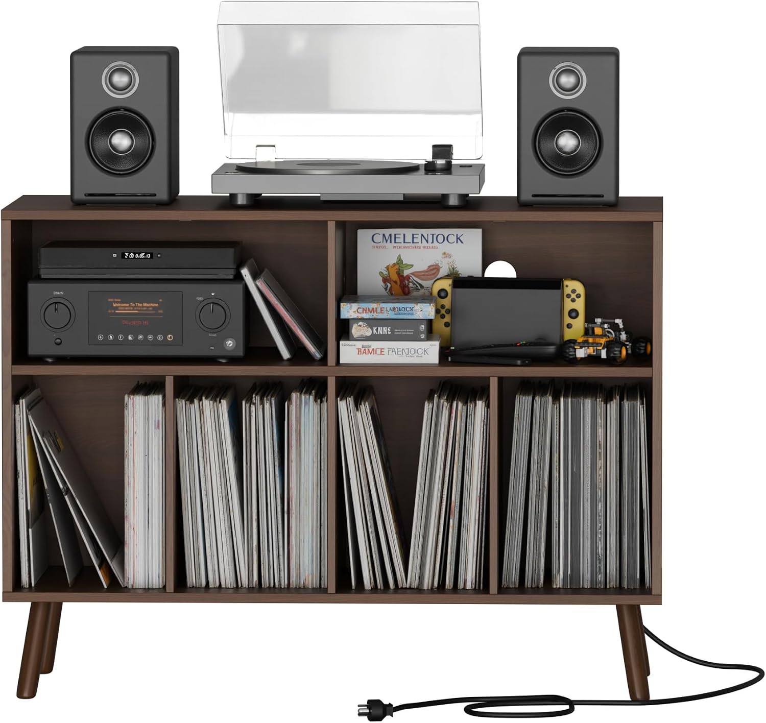 Record Player Stand with Vinyl Storage Cabinet, Wood Turntable Table Open Shelf Holder Up to 350 Albums Cube Storage
