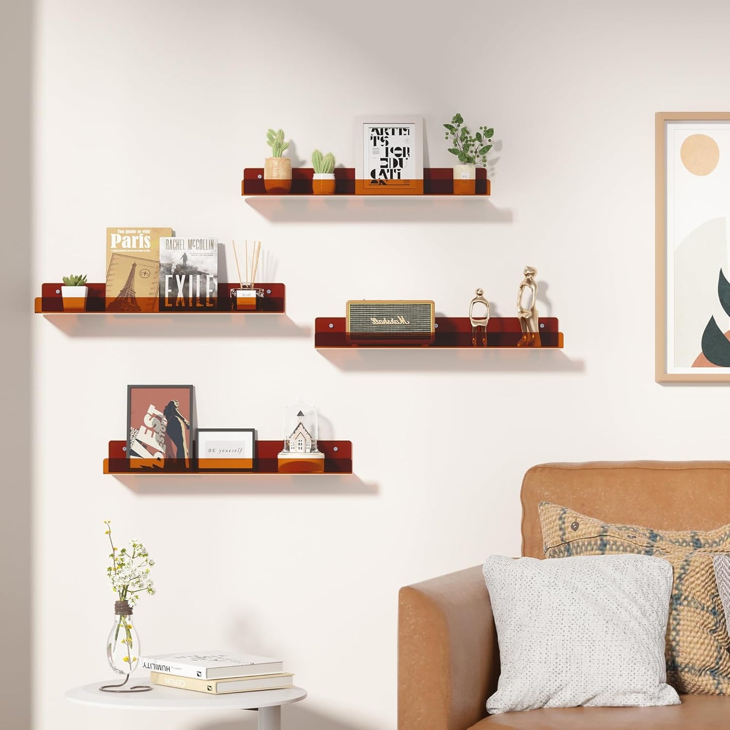 upsimples 4 Pcs 15" Acrylic Shelves for Wall Decor and Display, Brown | Cute Floating Shelf for Perfume, Skincare, Nail