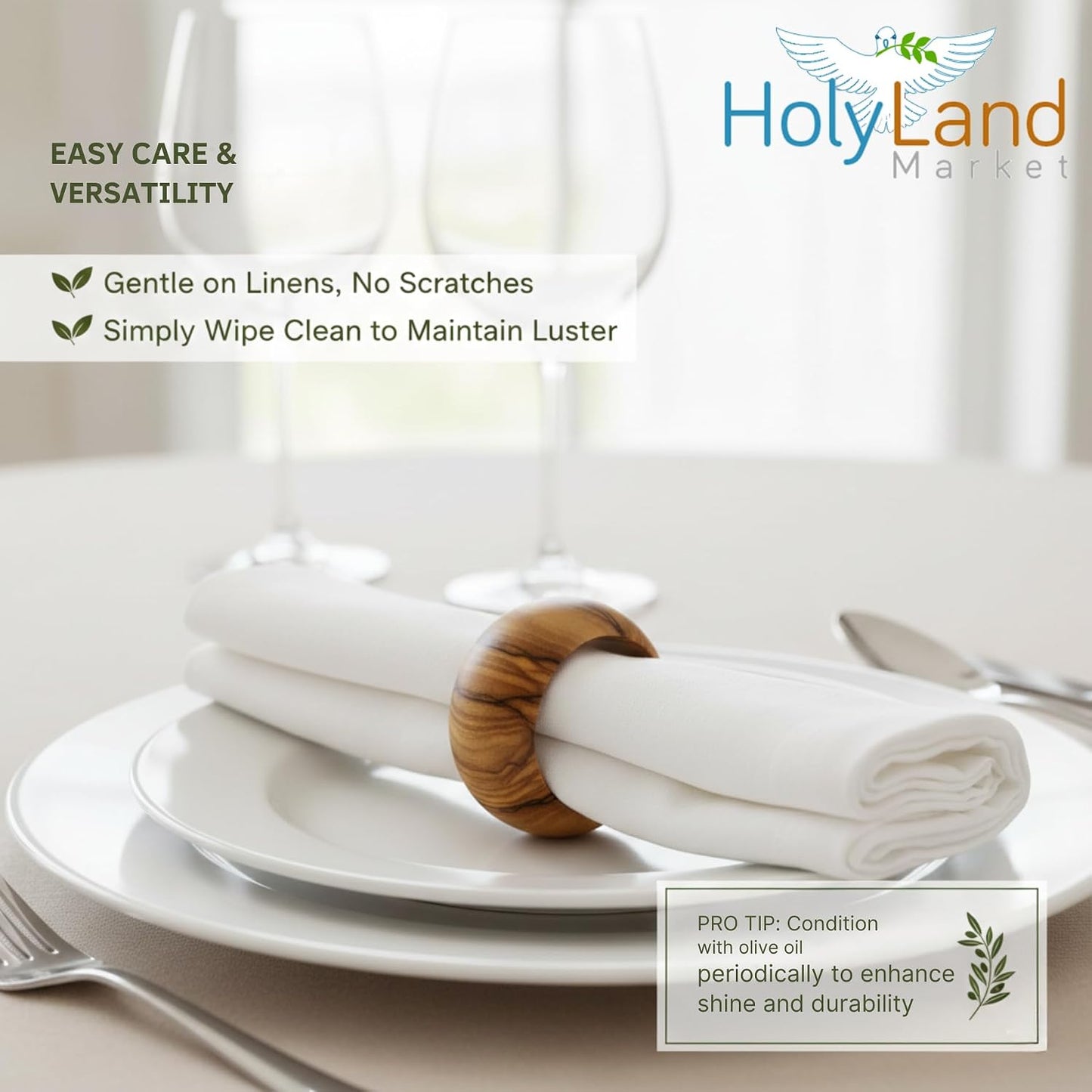 Holy Land Market Hand Carved Olive Wood Napkin Rings Set of 8 Bethlehem | 8 Rings, 1.8 Inch Diameter, 0.9 Inch Wide