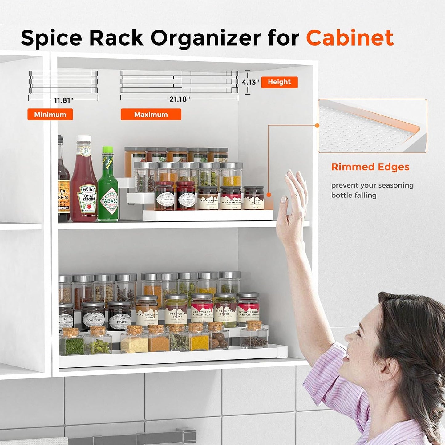 2 Pack Expandable Spice Rack Organizer for Cabinet - 3 Tier Adjustable Cabinet Spice Organizer Easy Visibility - Spice