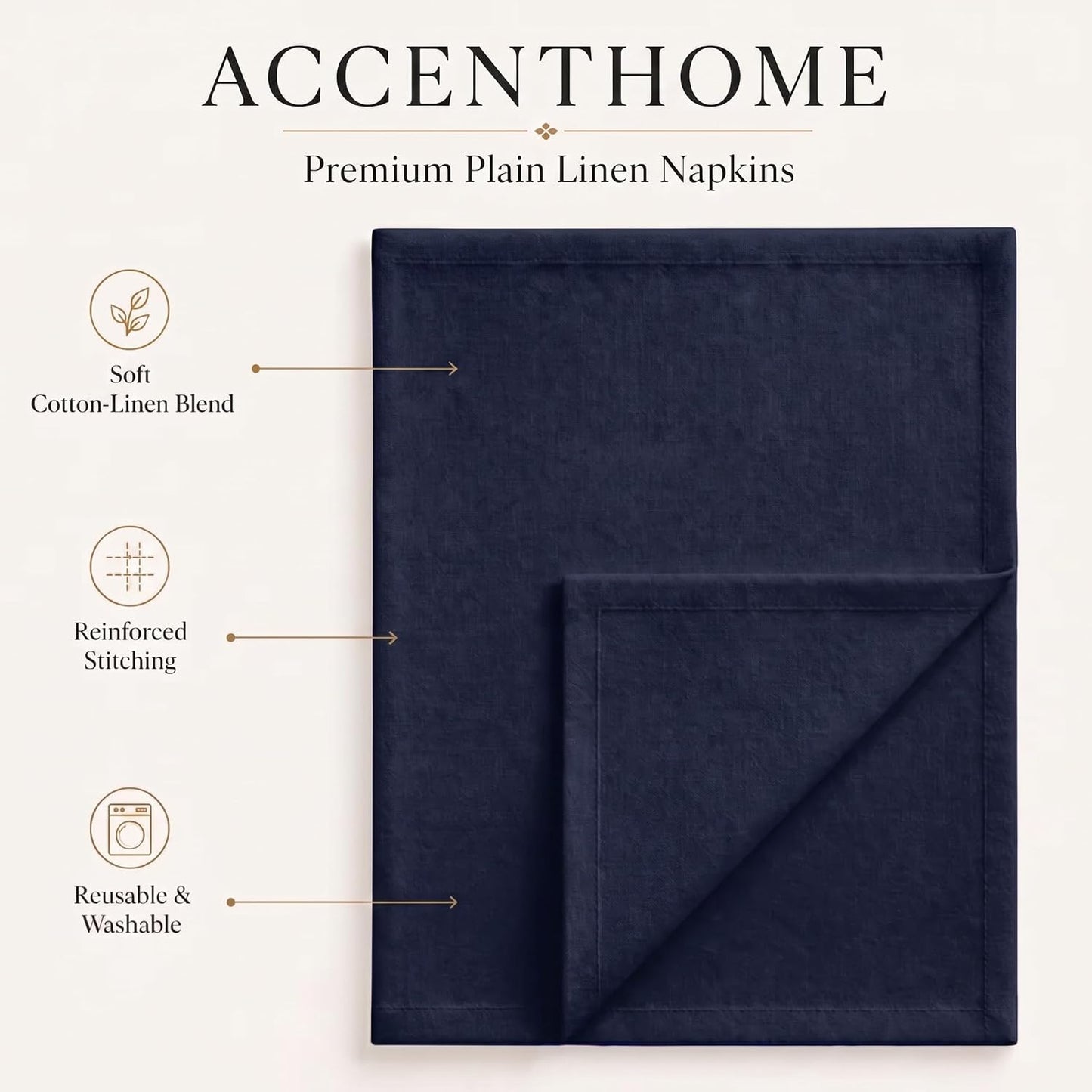 ACCENTHOME Navy Cotton Linen Napkin Set of 12 18x18 inch Dinner Napkins | Cotton Linen Blend Napkins, Machine Wash On