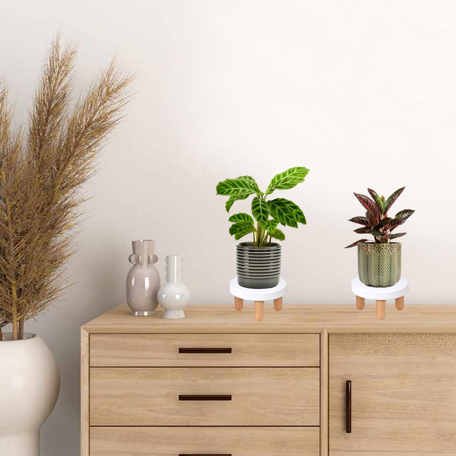 Decorative Round Wood Desktop Plant Stand Mid Century Kitchen Counter Pedestal Stand / White