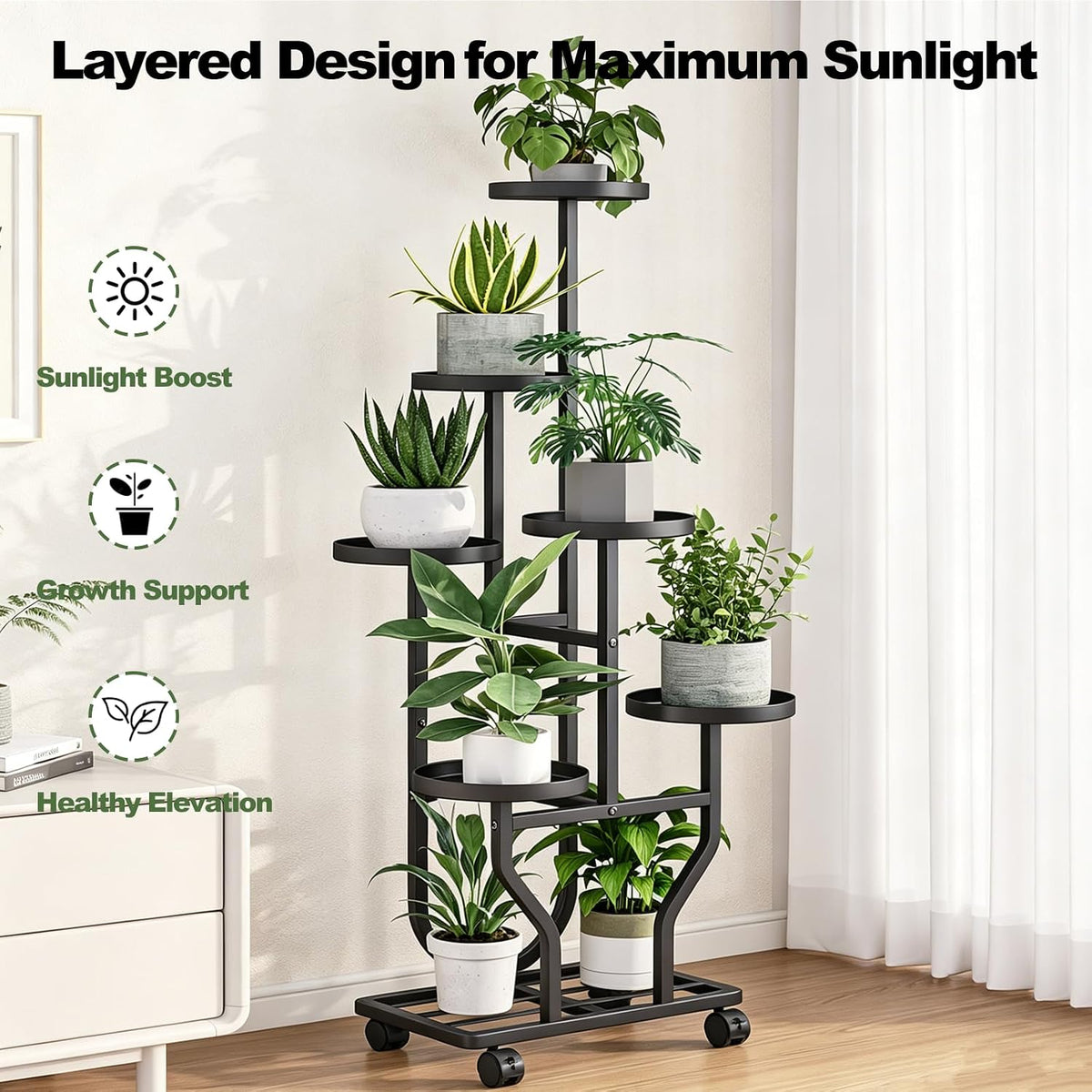 Plant Stand with Wheels, Black 6 Tier Metal Plant Shelf for Indoor Outdoor | Corner Plants Stand Indoor for Bedroom