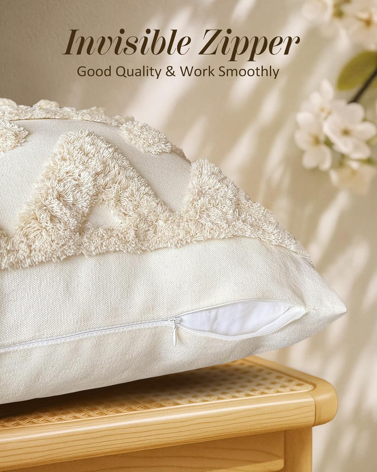 Tufted Boho Decorative Pillow Cover / Cream Tassel / 18 x 18