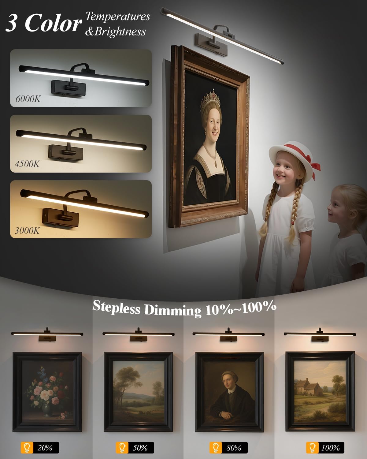 24" Battery Operated Picture Light for Wall,Remote Control | 5000mAh Wireless Dimmable Black Rechargeable Wall Art