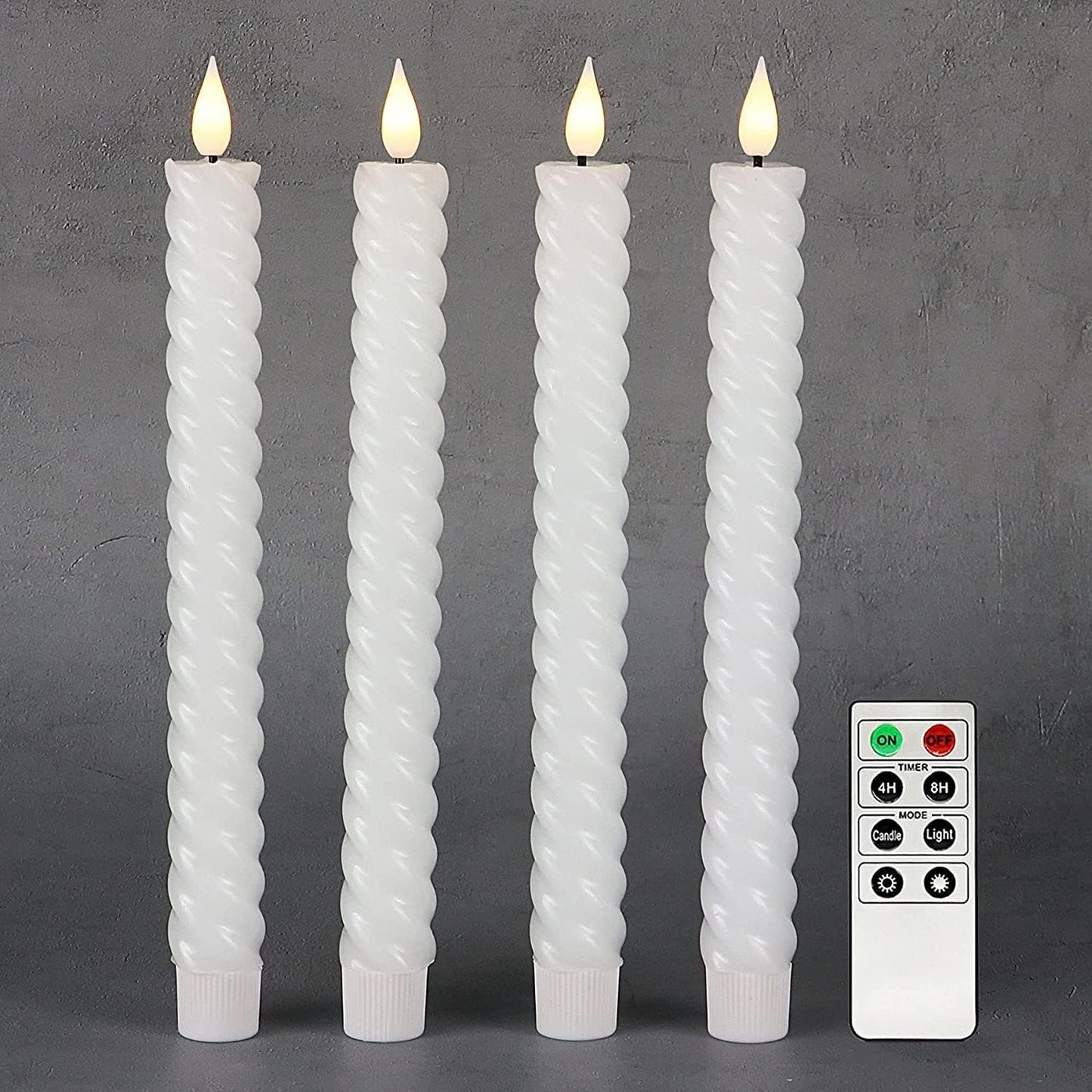 Rhytsing 10" White Flameless Twist Taper Candles with Timer, Battery Operated Spiral Candlesticks, Warm White Light