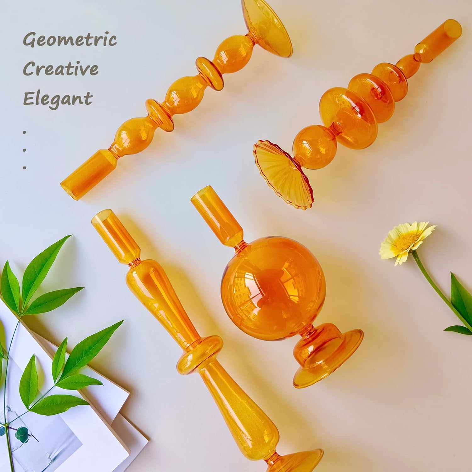 Candle Stick Candle Holder, Glass Candle Holders for Table Centerpiece, Modern Style Amber Candle Holder Mixed 4pcs