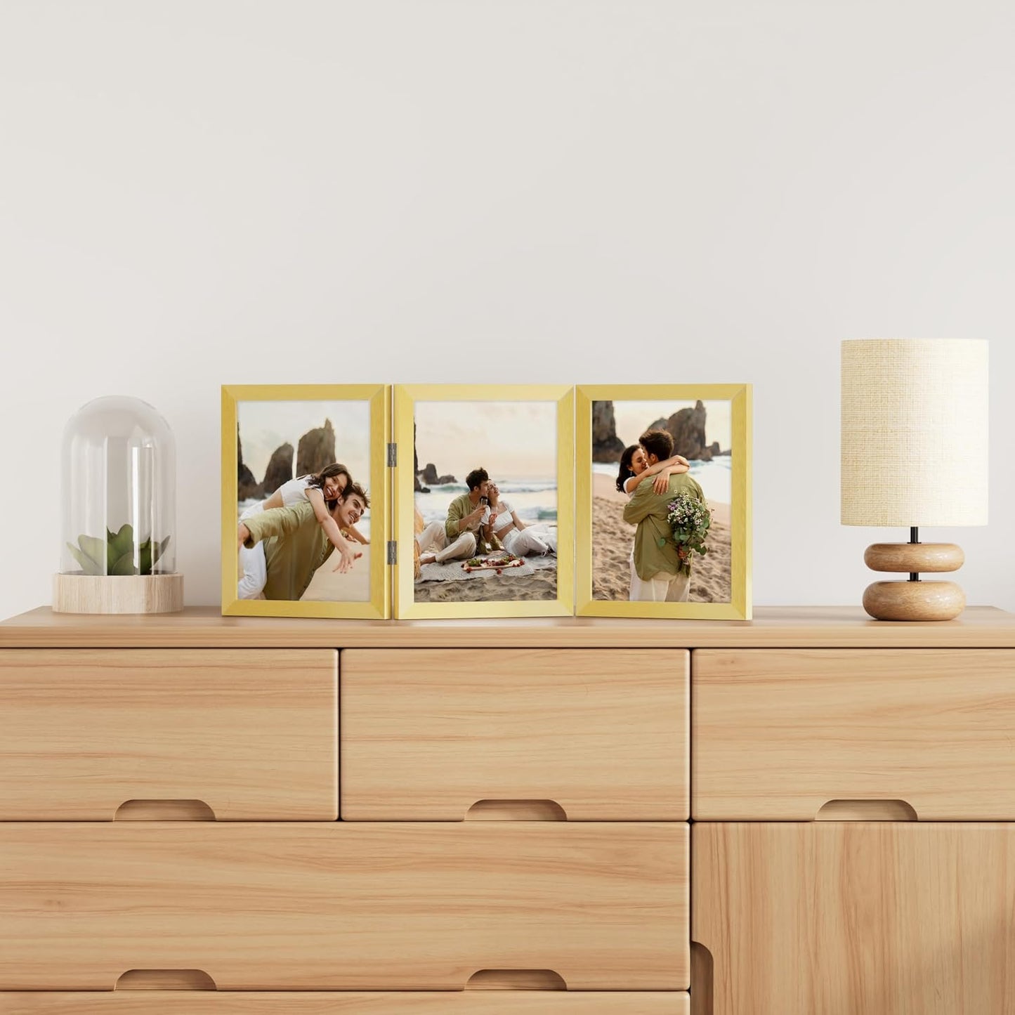 decorUhome Gold Triple 8x10 Picture Frame Vertical, MDGD08 | "Z" Shape Folding Design Engineered Wood Trifold Photo