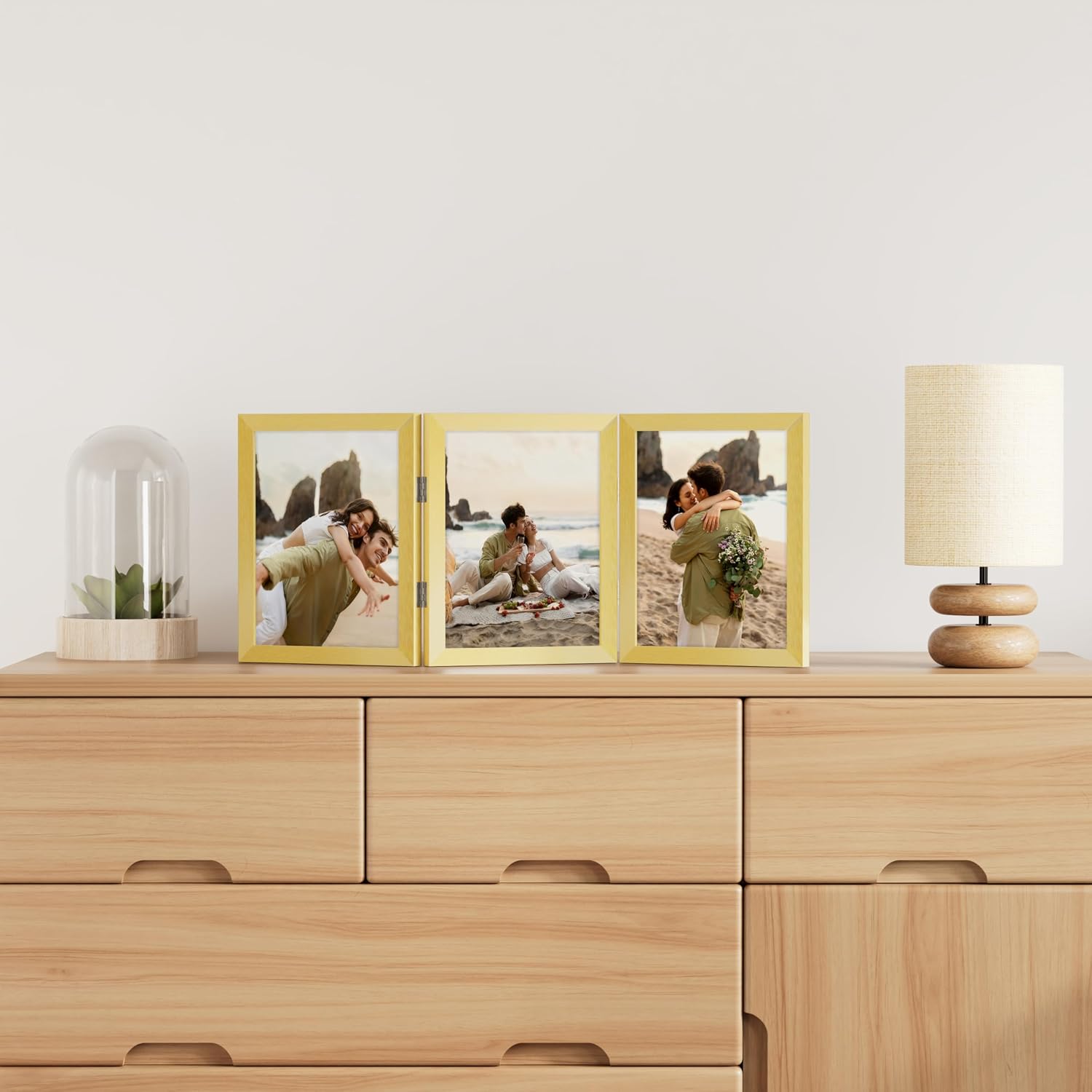 decorUhome Gold Triple 8x10 Picture Frame Vertical, MDGD08 | "Z" Shape Folding Design Engineered Wood Trifold Photo