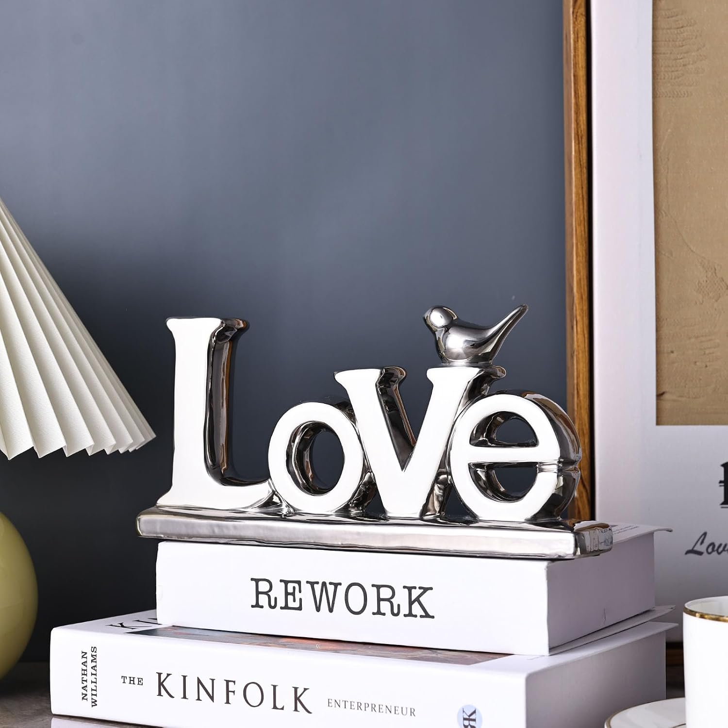 Statue / Personalized Bird Sculpture Chrome Style Figurine / White+silver / Love