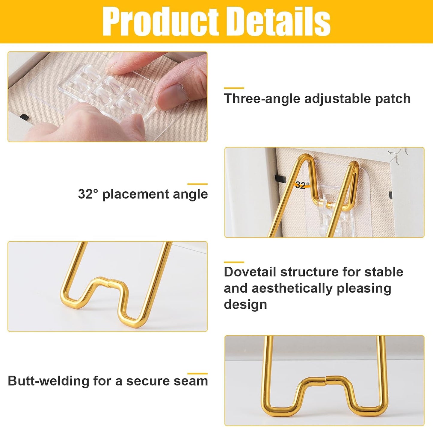 3 Levels of Stainless Steel Picture Frame Easel Backs Self-Adhesive / Gold / Medium Size / Set of 6