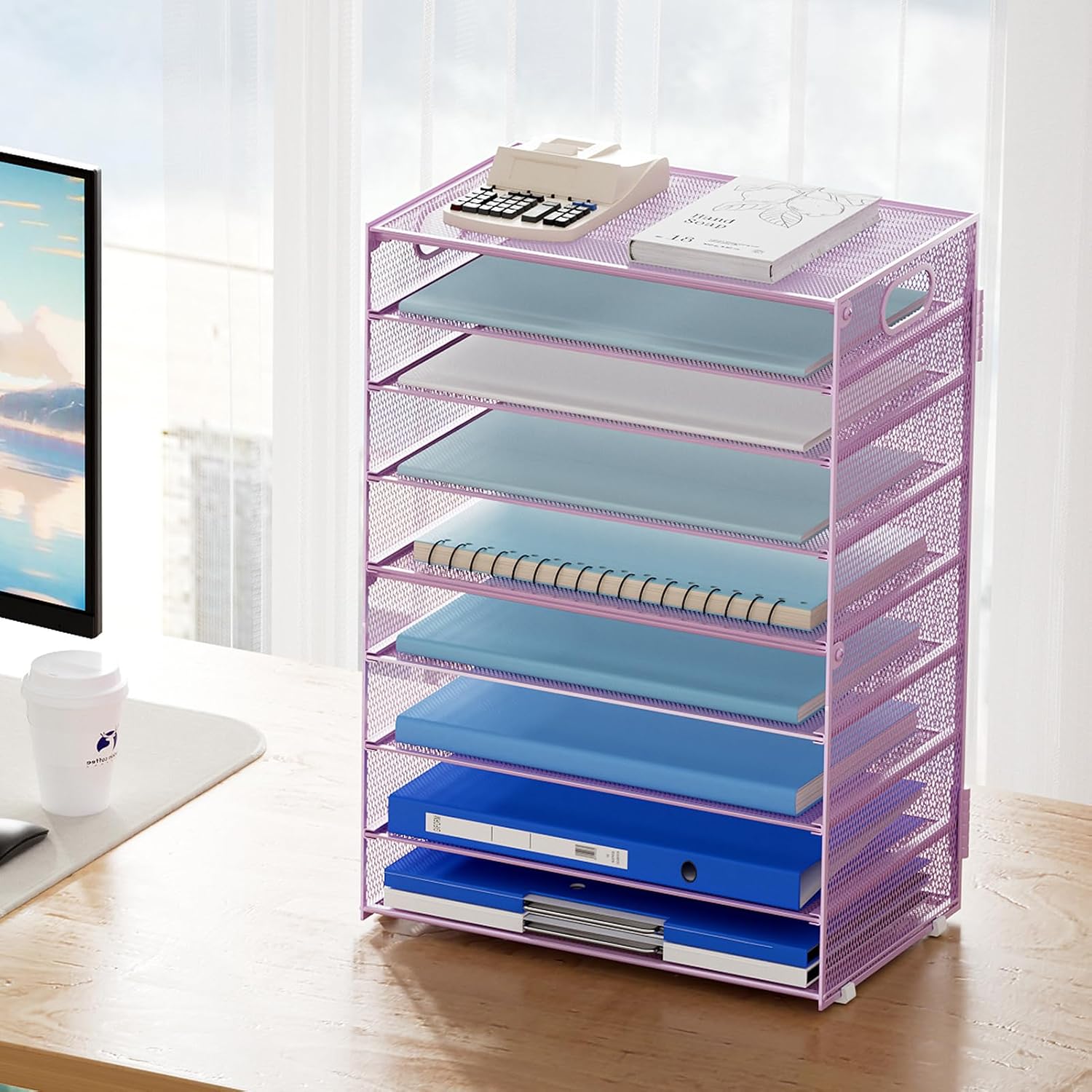 Marbrasse Paper Organizer Letter Tray, 9 Tier Mesh File Organizer with Handle, Paper Sorter Desk Organizer for Home