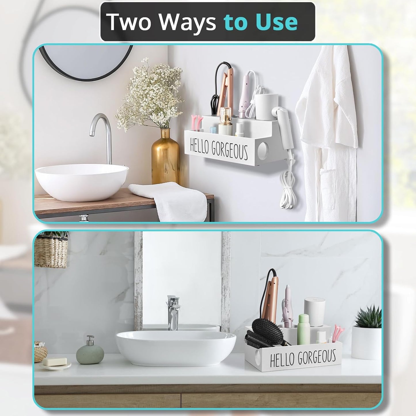 Bivvclaz Hair Tool Organizer, Wooden Hair Dryer Holder Countertop, Wall Mount Hot Tools Organizer for Hair Styling