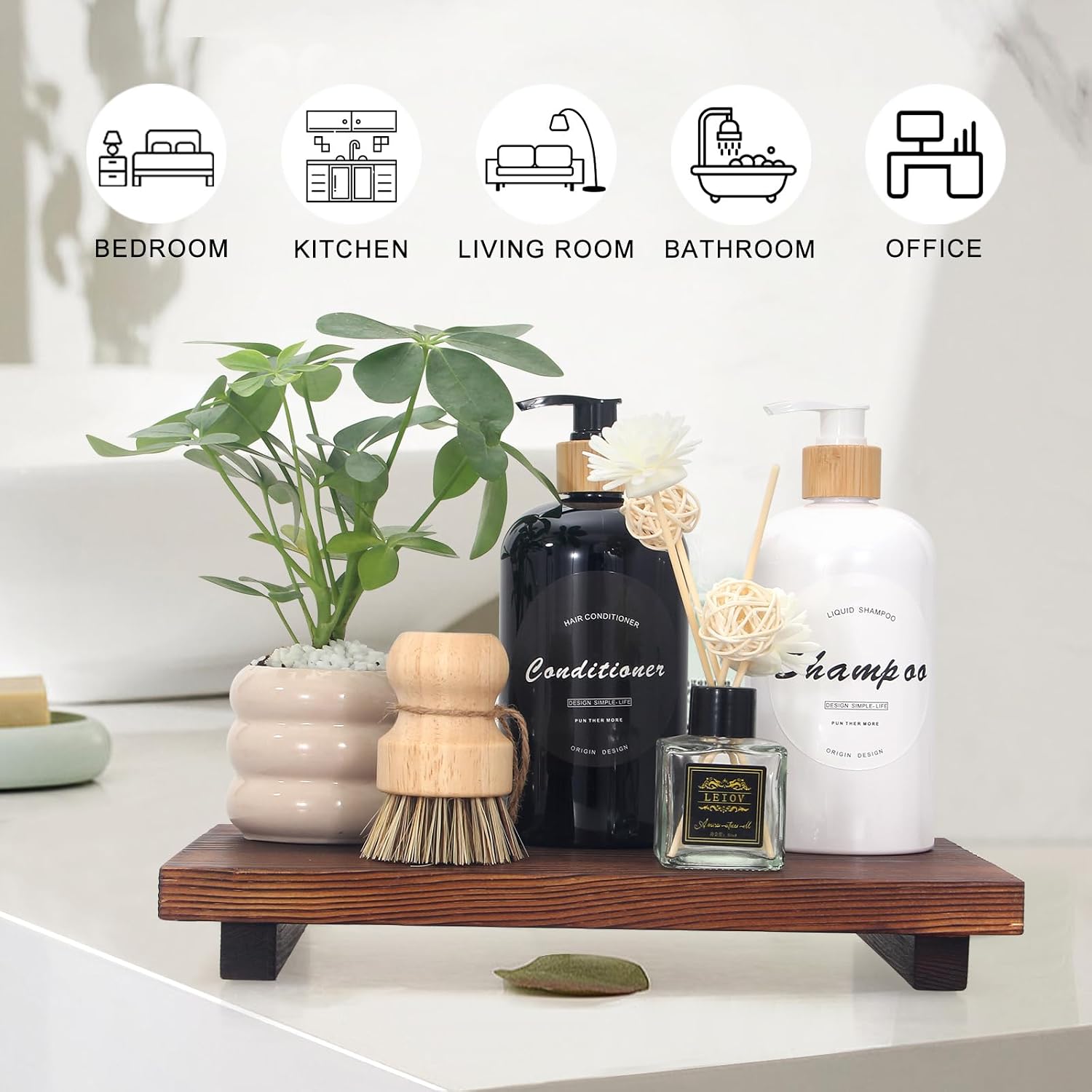 Farmhouse Bathroom Tray Organizer Wooden Riser Stand Wood Trays / Brown / 10 x 6 x 1.6
