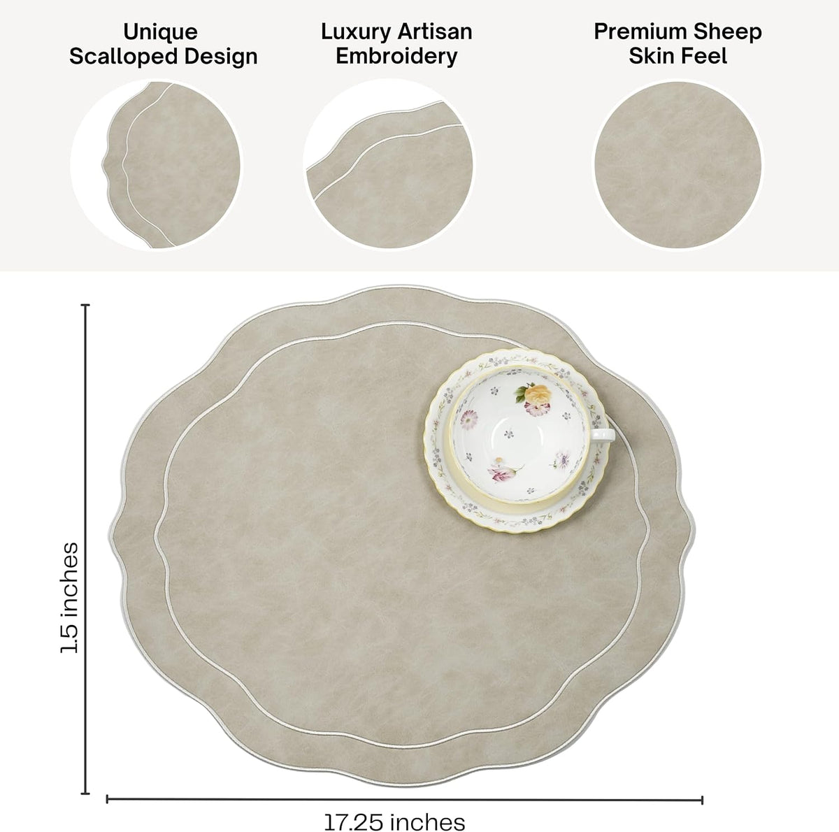Embroidered Scalloped Faux Leather Wipeable Placemats Set of 4, Ivory | Bryonia PU Earth Tone Soft Luxury Dinner Table