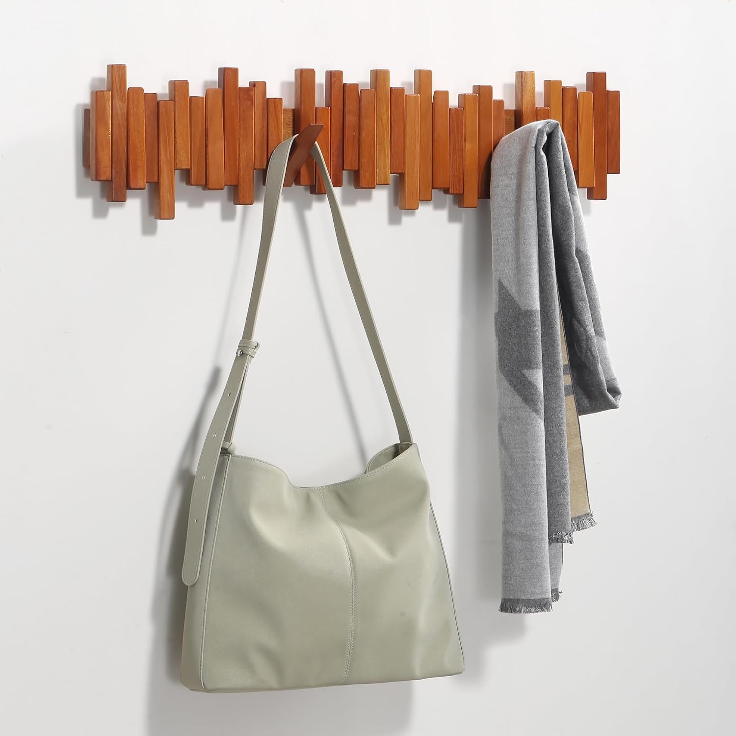 Coat Rack Wall Mount Piano Flip Down Wall Hook Rack 6 Hooks Cherry | Natural Wood Handmade Unique Hanger for Coats Bag