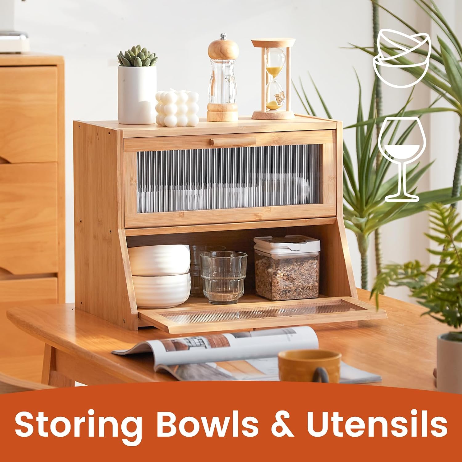 GHWIE Double Layer Bamboo Bread Box for Kitchen Counter,Large Capacity Bread Storage Bin,Bread Container with Acrylic