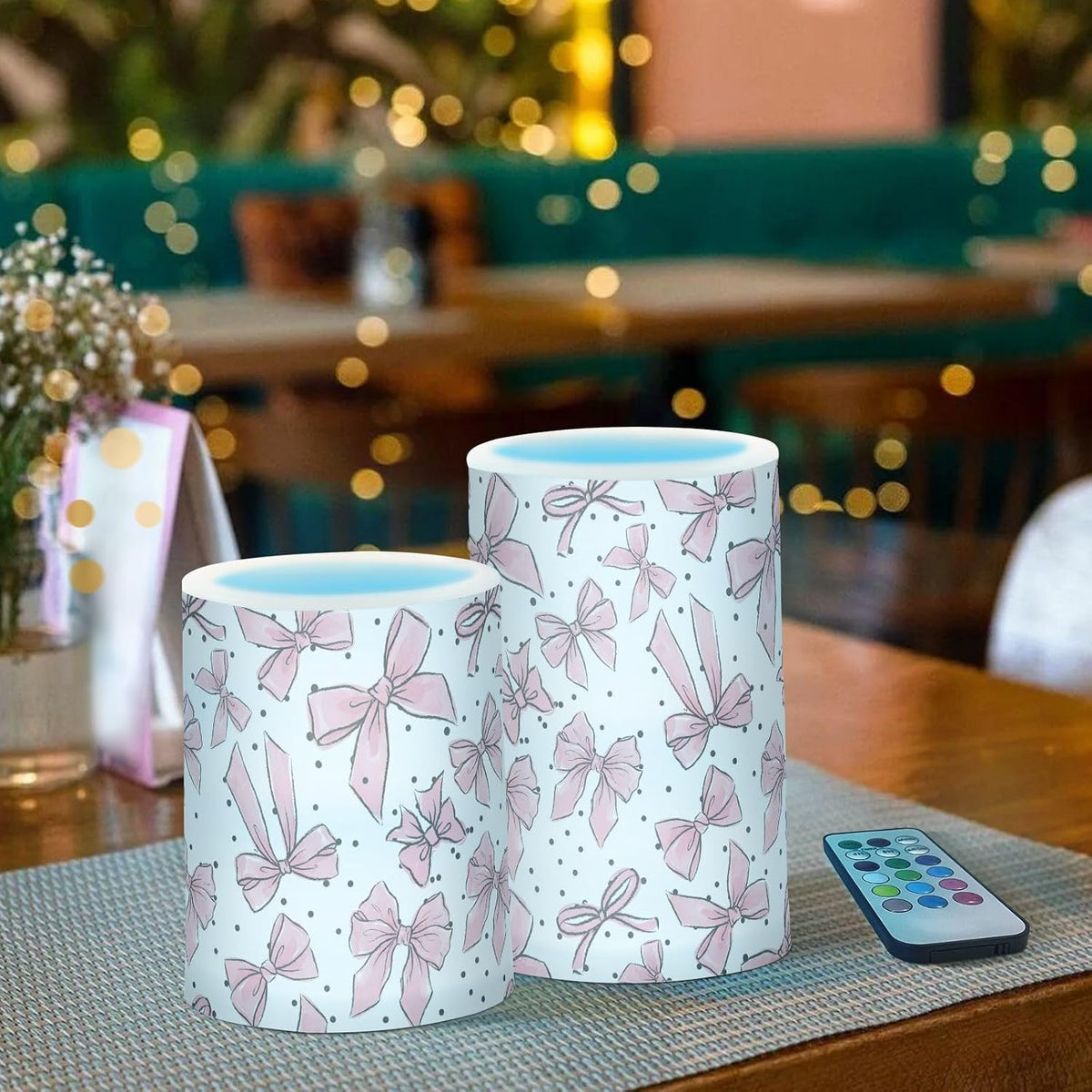 Flickering Flameless Candles, Cute Bows Pink LED Candles with Remote Timer, Set of 2 Battery Operated Candle for