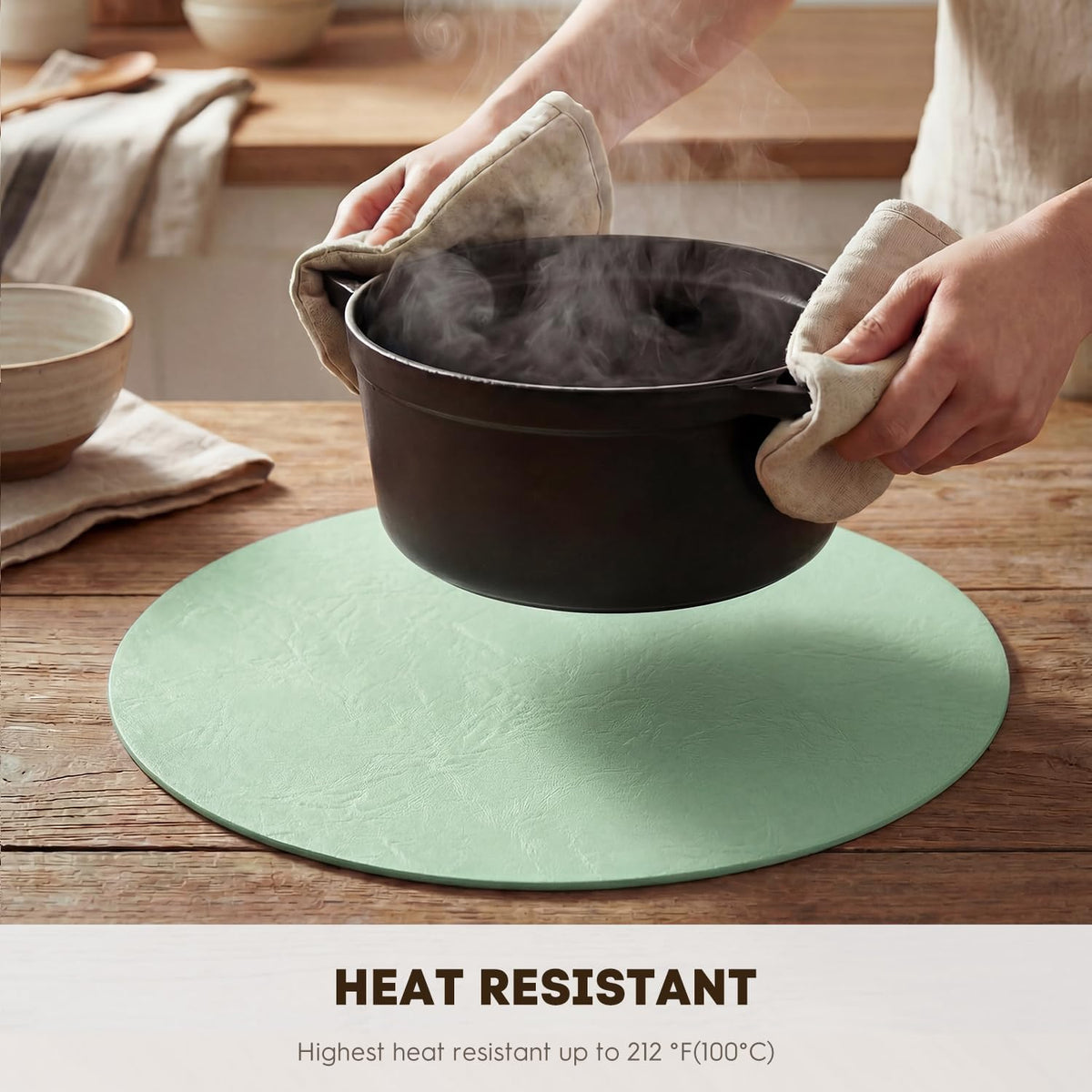 Artoid Mode Sage Faux Leather Placemats Set of 6, 15 Inch Waterproof Wipeable Heat Resistant Vinyl Place Mats