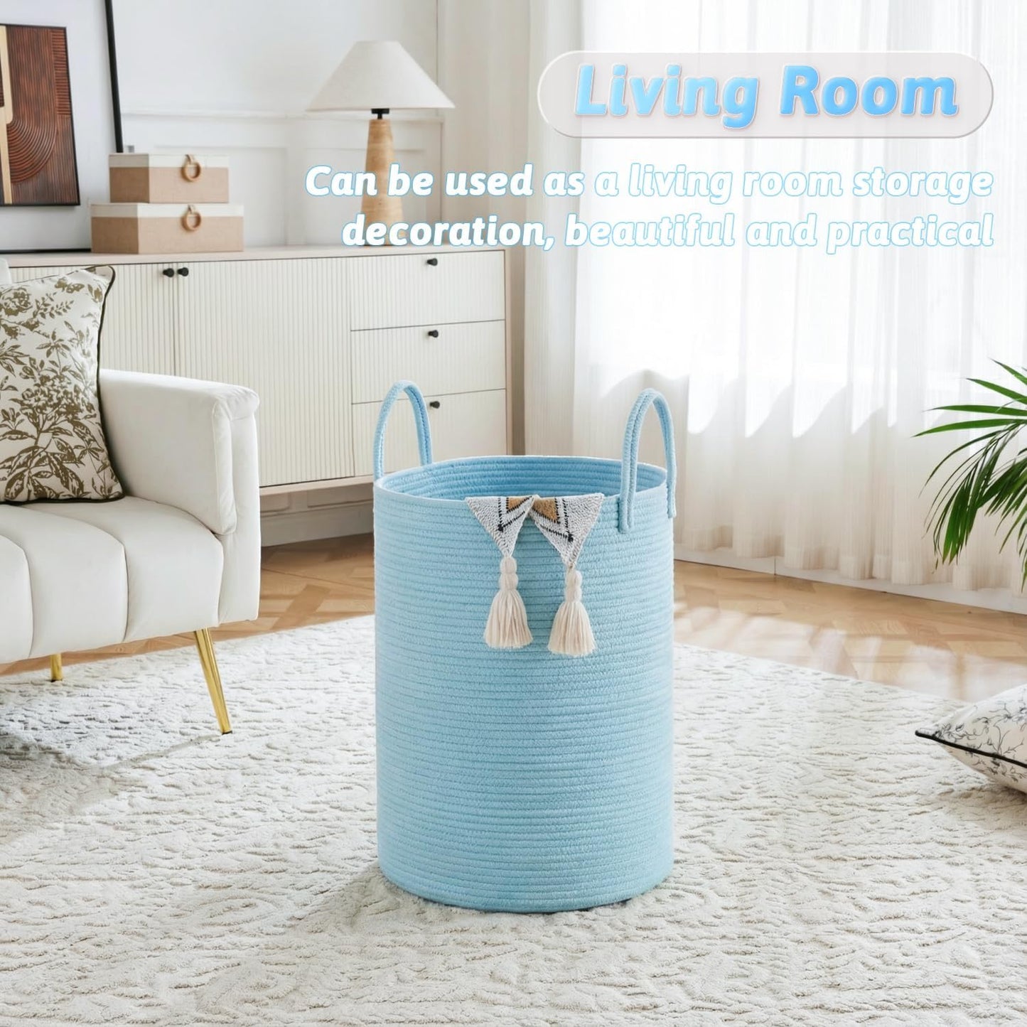 Laundry Basket / Woven Cotton Rope Laundry Hamper / Blue / 60L