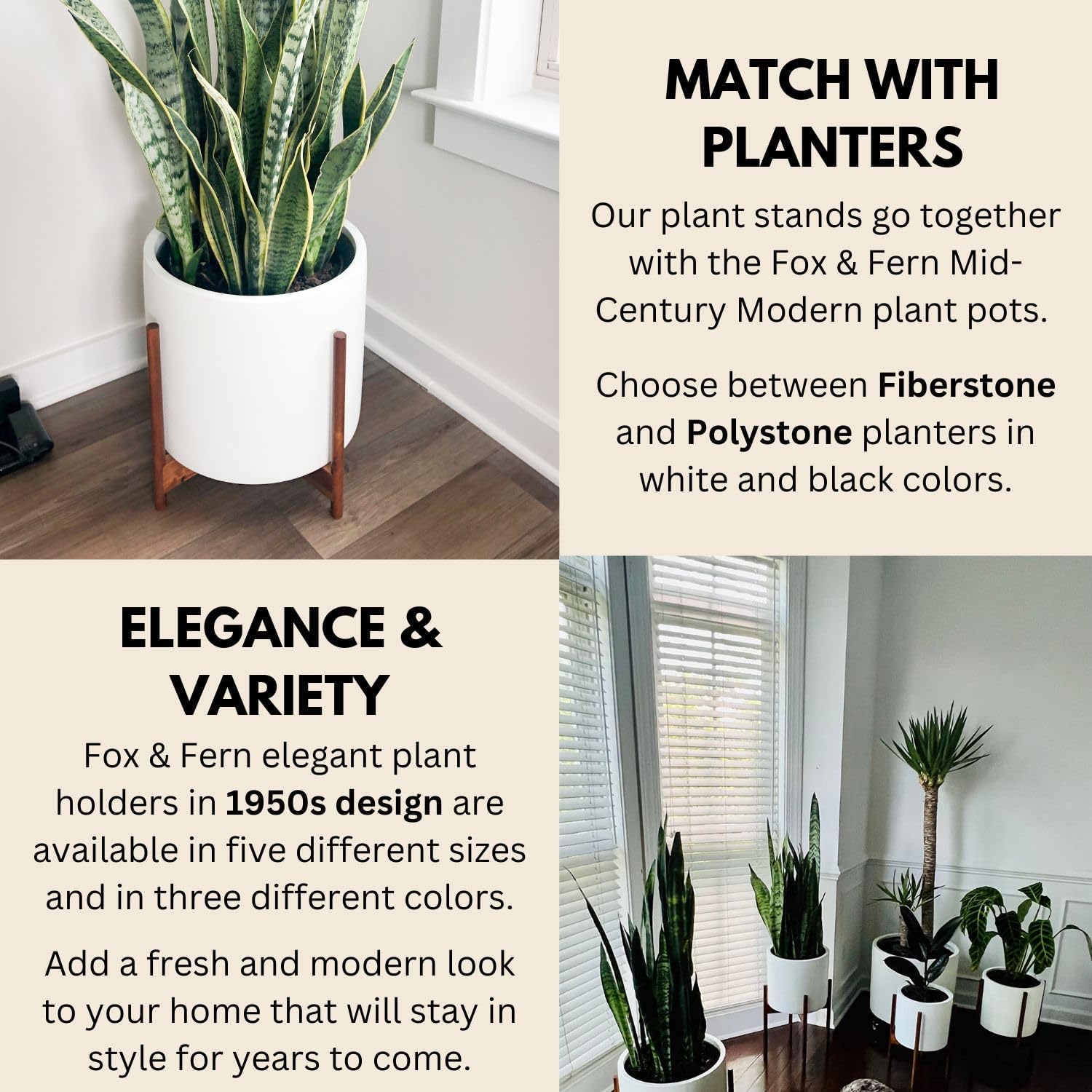 Fox & Fern Mid Century Plant Stands for Indoor Planters, Acacia, 14.9 Inch | Plug In Design, Holds 200 lbs, Two High