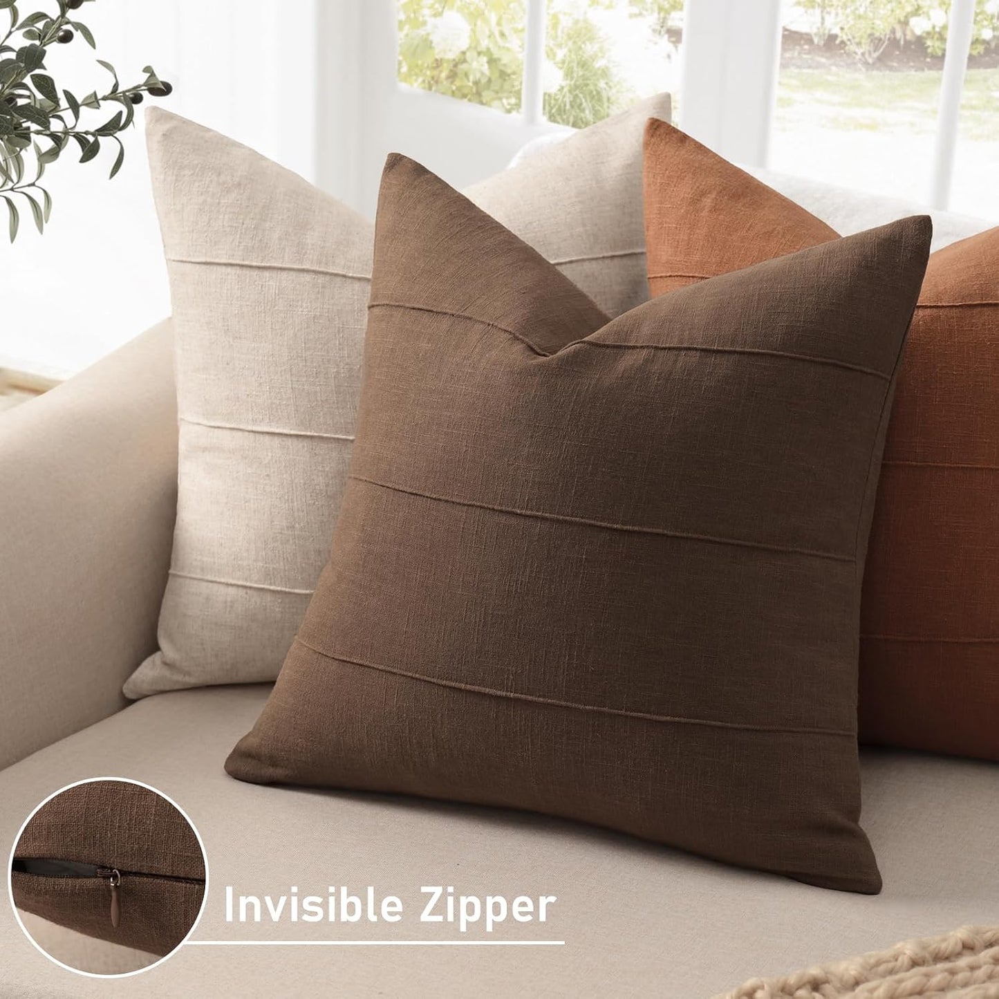 Decorative Linen Throw Pillow Covers Solid Handcrafted Striped Cushion / Brown / 18 x 18 / Set of 2