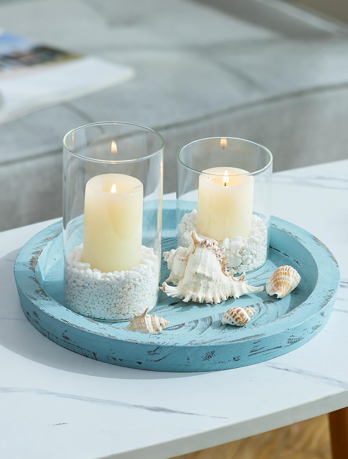 Round Wood Decorative Candle Plate / Ocean Blue
