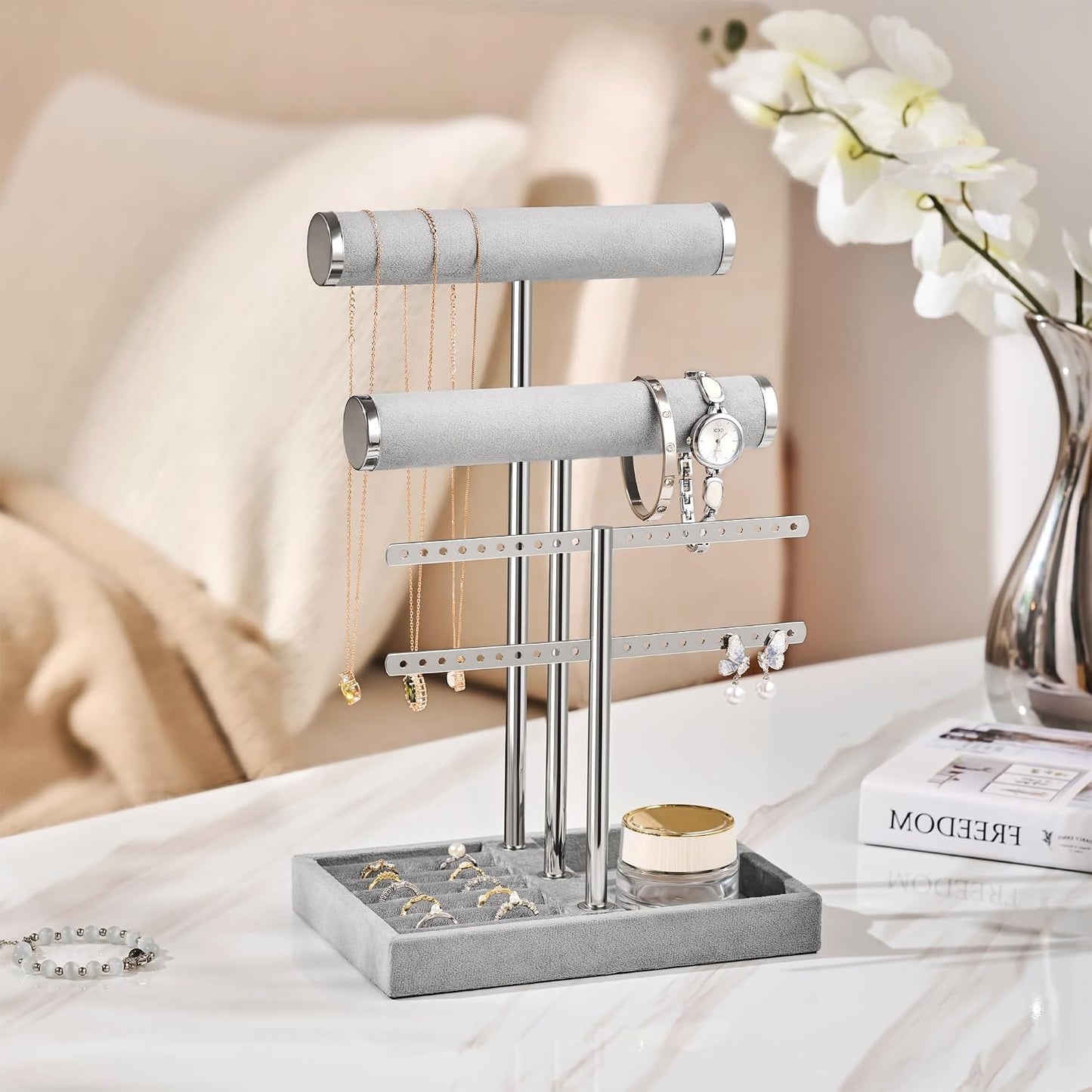 Detachable T Bar Velvet Bracelet Holder / Grey / Standard