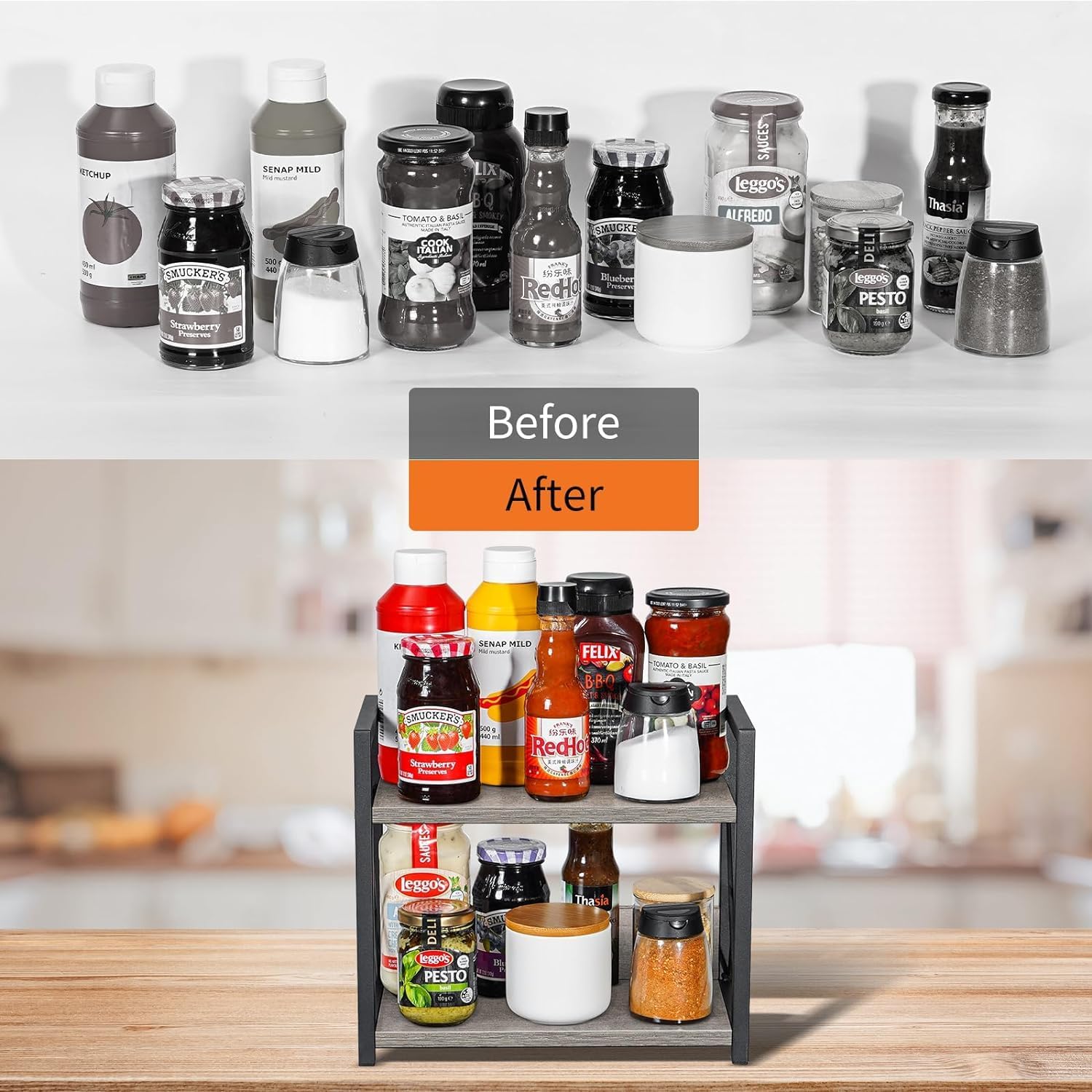 Giikin Countertop Shelf Organizer, 2 Tier Kitchen Spice Rack for Countertop, Wood Kitchen Counter Shelf for Home