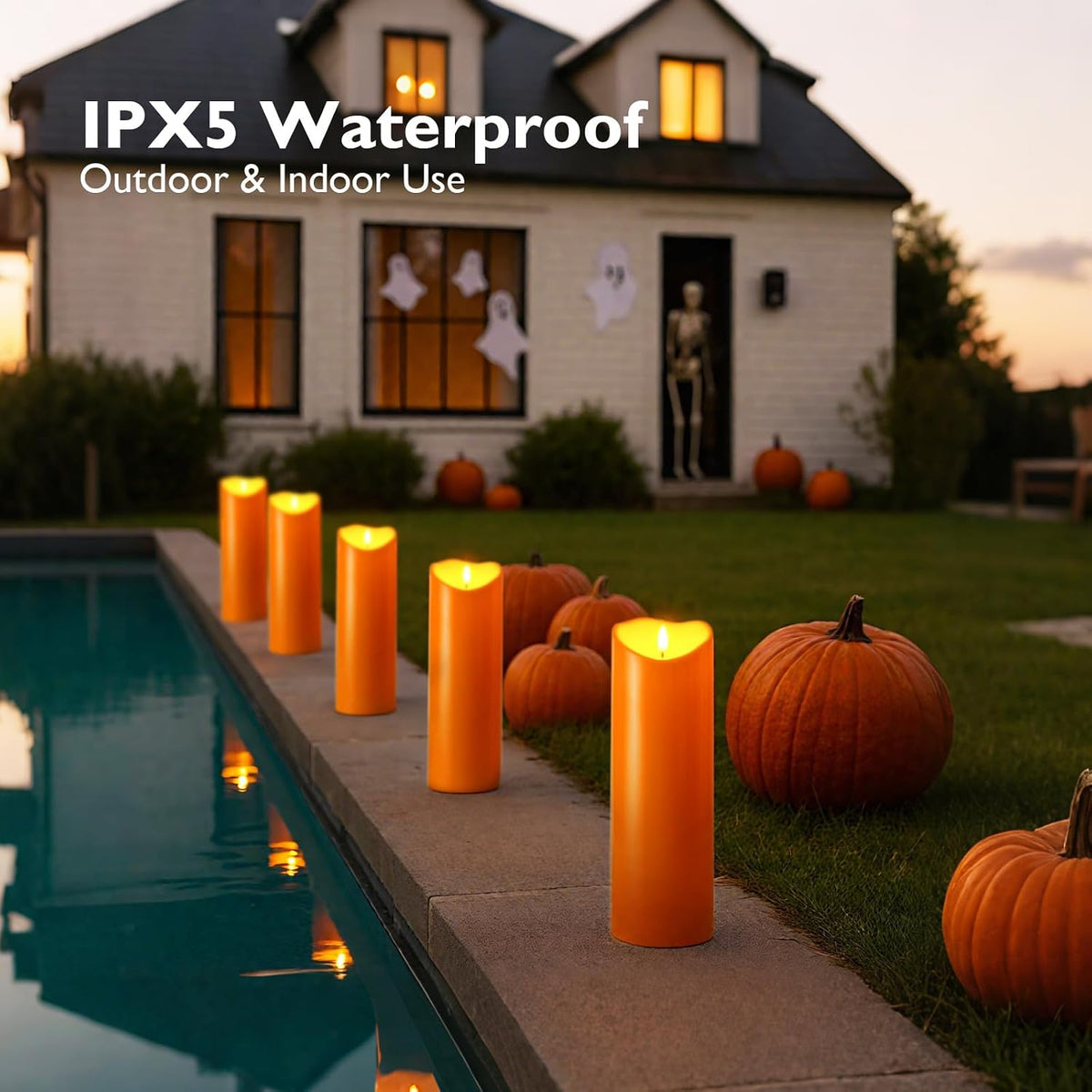 Homemory 4"x12" Halloween Orange Flameless Candles, Fall Candles, Outdoor Waterproof Flameless Candles with Remote and