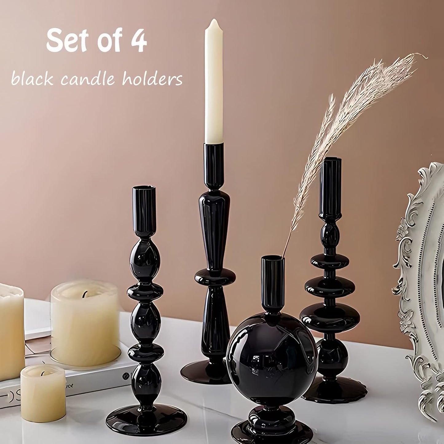 Candle Stick Candle Holder, Glass Candle Holders for Table Centerpiece, Modern Style Black Candle Holder Mixed 4pcs